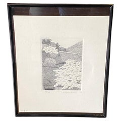 Ryohei Tanaka Signed Limited Ed. Japanese Etching Cherry Blossoms Thatched Roof