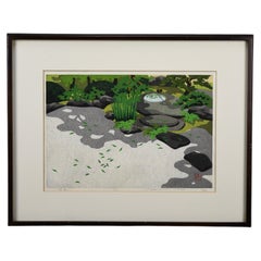 «Ryokufu (Brisa verde)» — Grabado en madera de Masao Ido que representa un jardín zen con un tsukubai