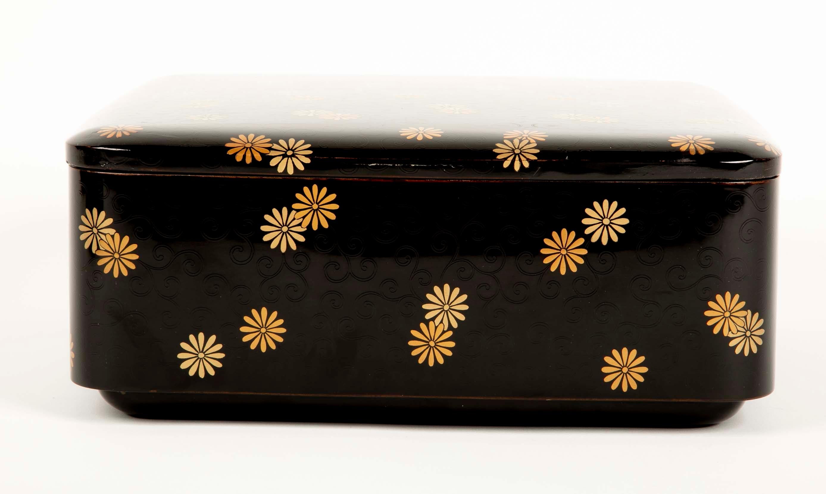 Japanese Ryoshibako Document Box of Black Lacquer with Gold Chrysanthemum Decoration