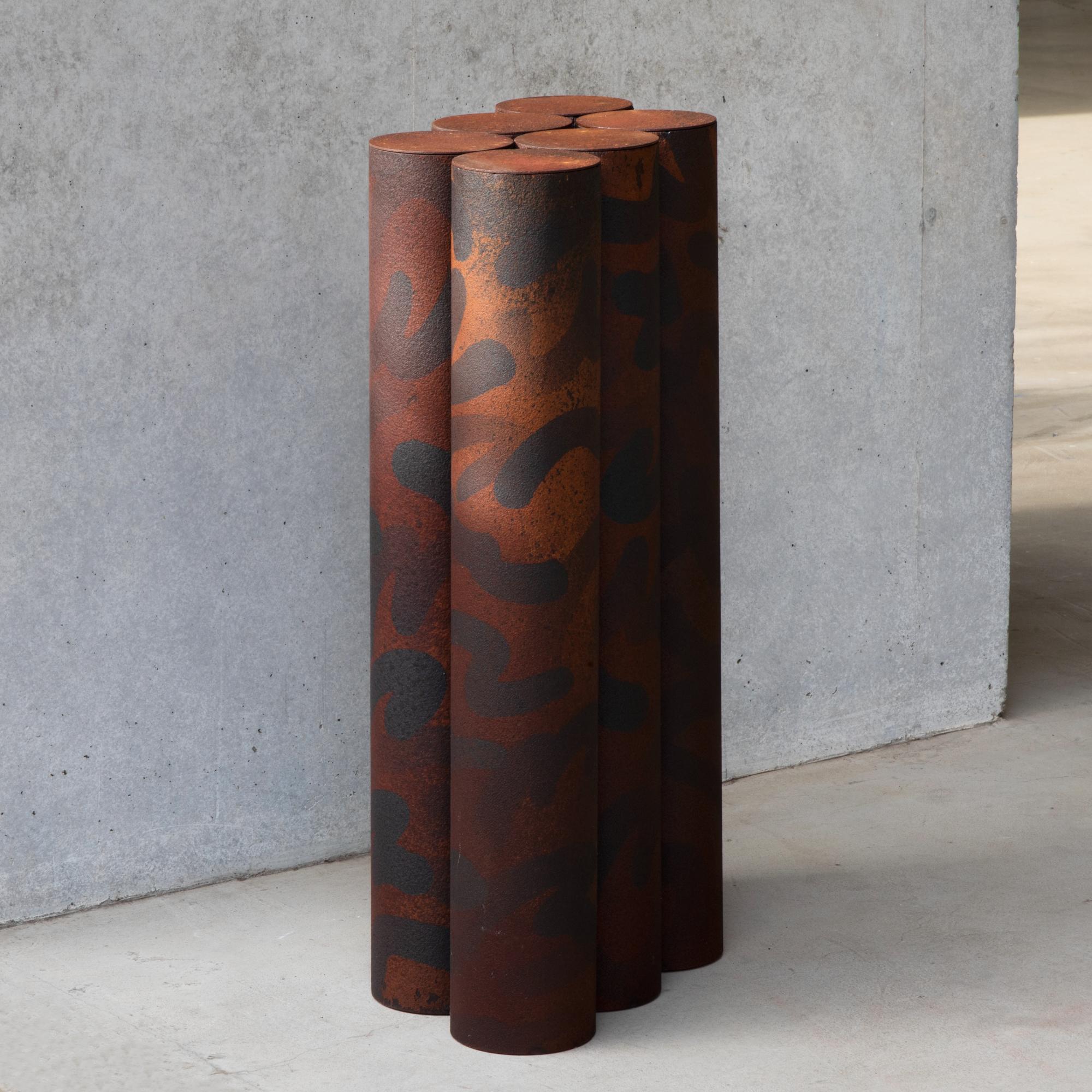 Sculpture or slender console designed by Ryota Akiyama.
Made of steel board. Patterns have been created with getting rust.
 