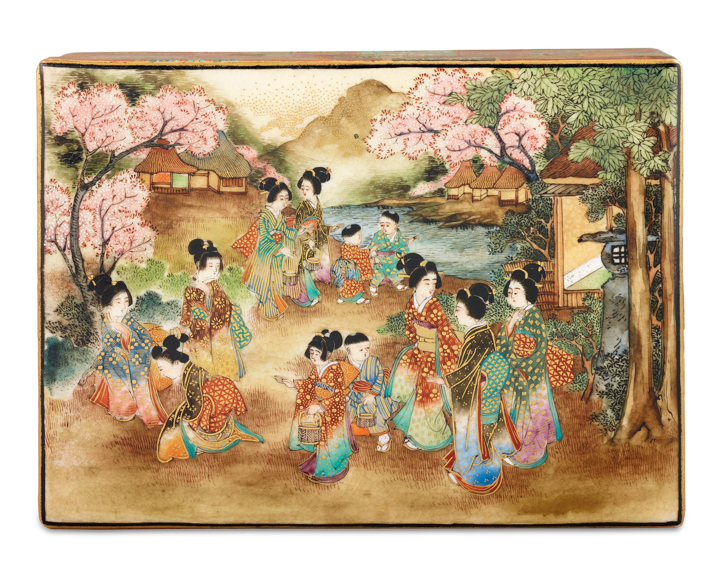 This extraordinary Satsuma box is signed on the underside by the artist Ryozan for the manufacturer Yasuda. Okamoto Ryozan is widely regarded as the finest and most famous Satsuma artist of the Japanese Golden Age. He worked for the Kyoto-based