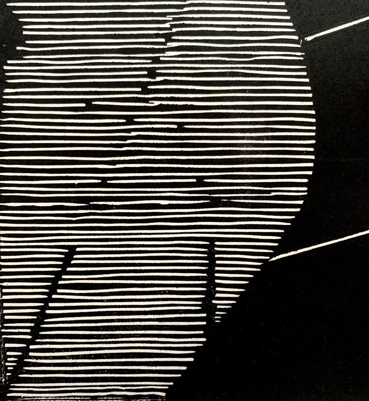 Stampa astratta contemporanea op art in linoleografia e xilografia dell'artista polacco Ryszard Gieryszewski. La stampa è prevalentemente nera, blu e bianca. Il titolo di quest'opera d'arte è 