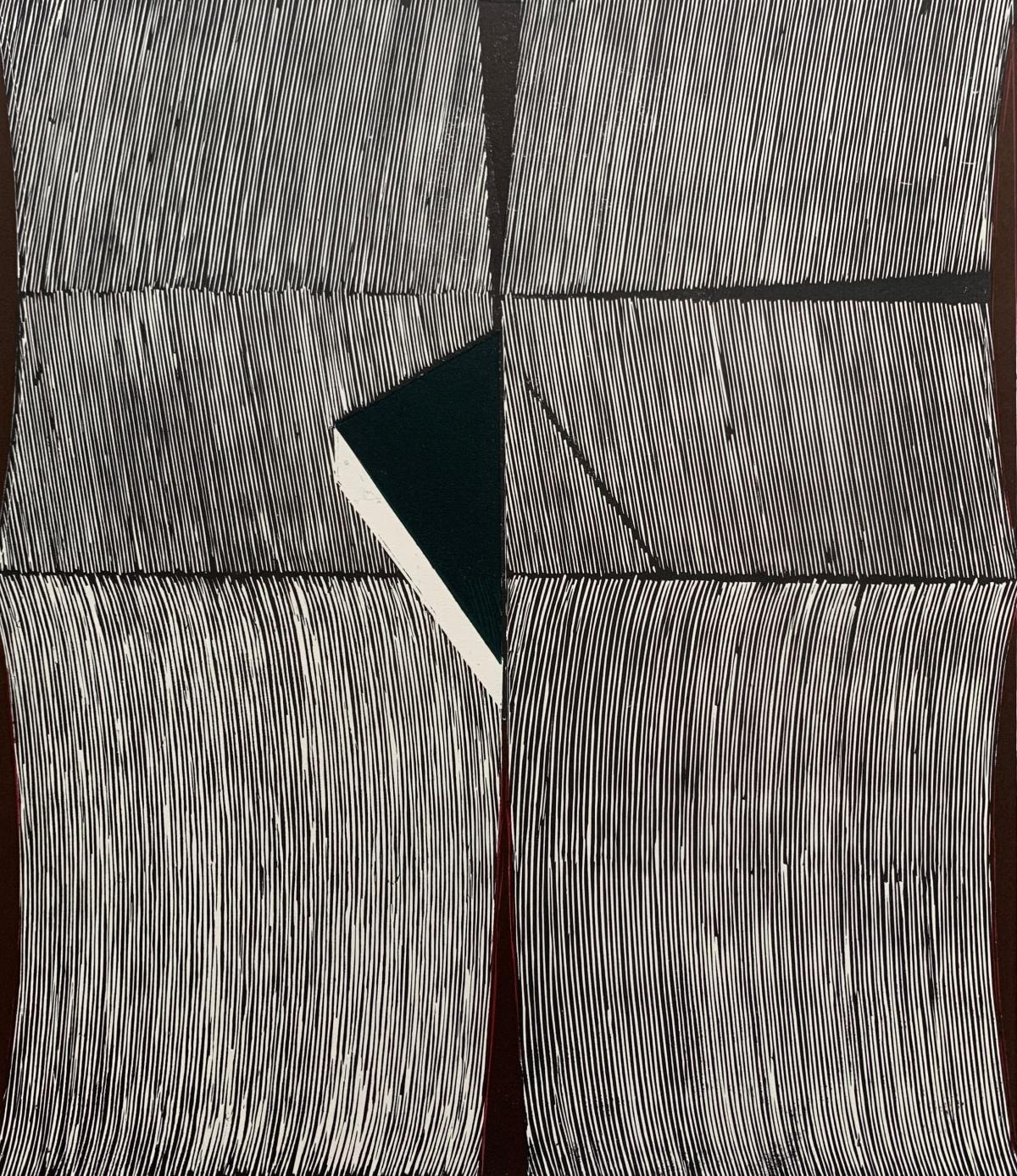 Linee e triangolo verde. Woodcut, Linocut, Op art, Stampa astratta, Arte polacca