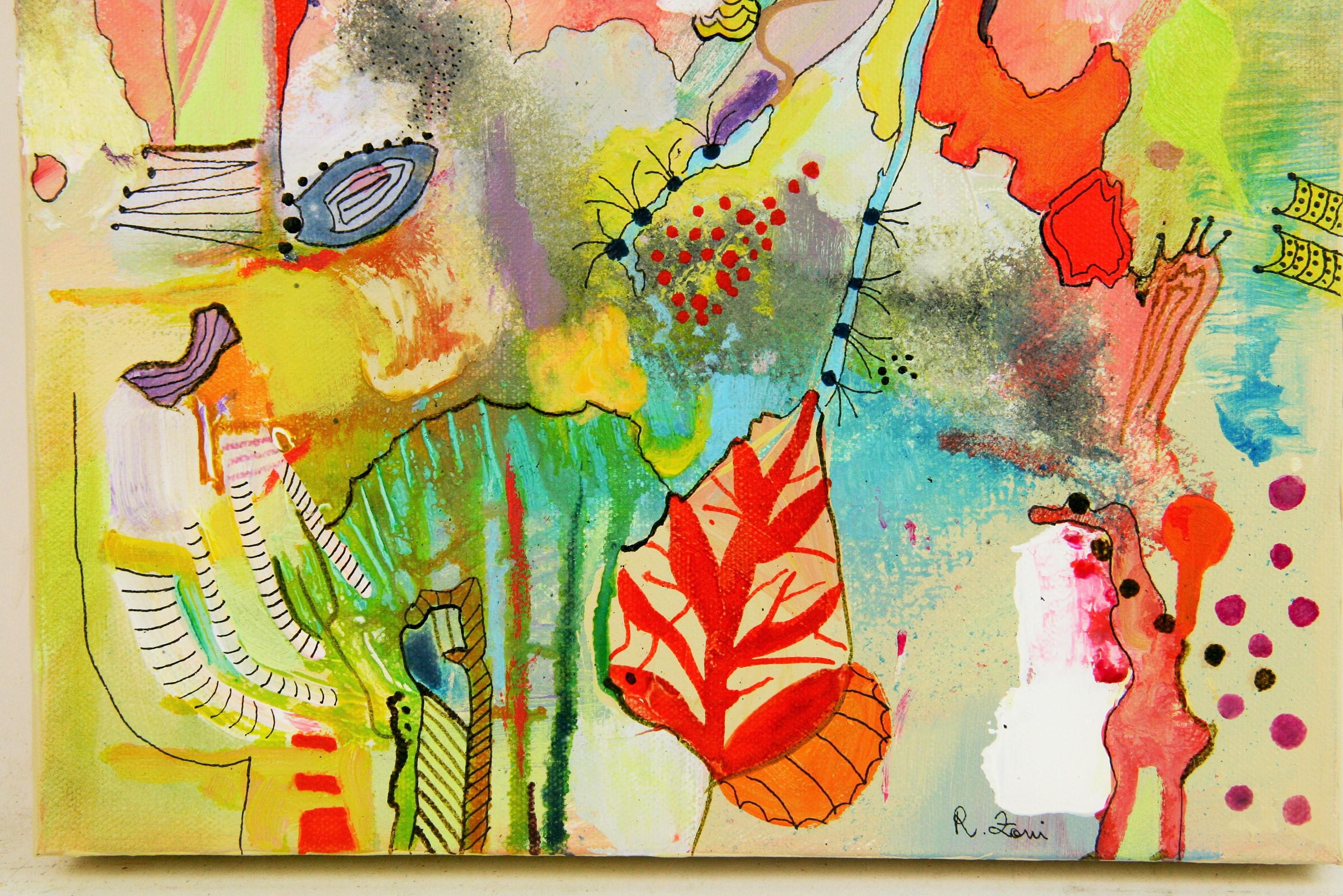 Italienisches futuristisches Ölgemälde im Vintage-Stil „Fantasy Garden“ – Painting von R.Zani