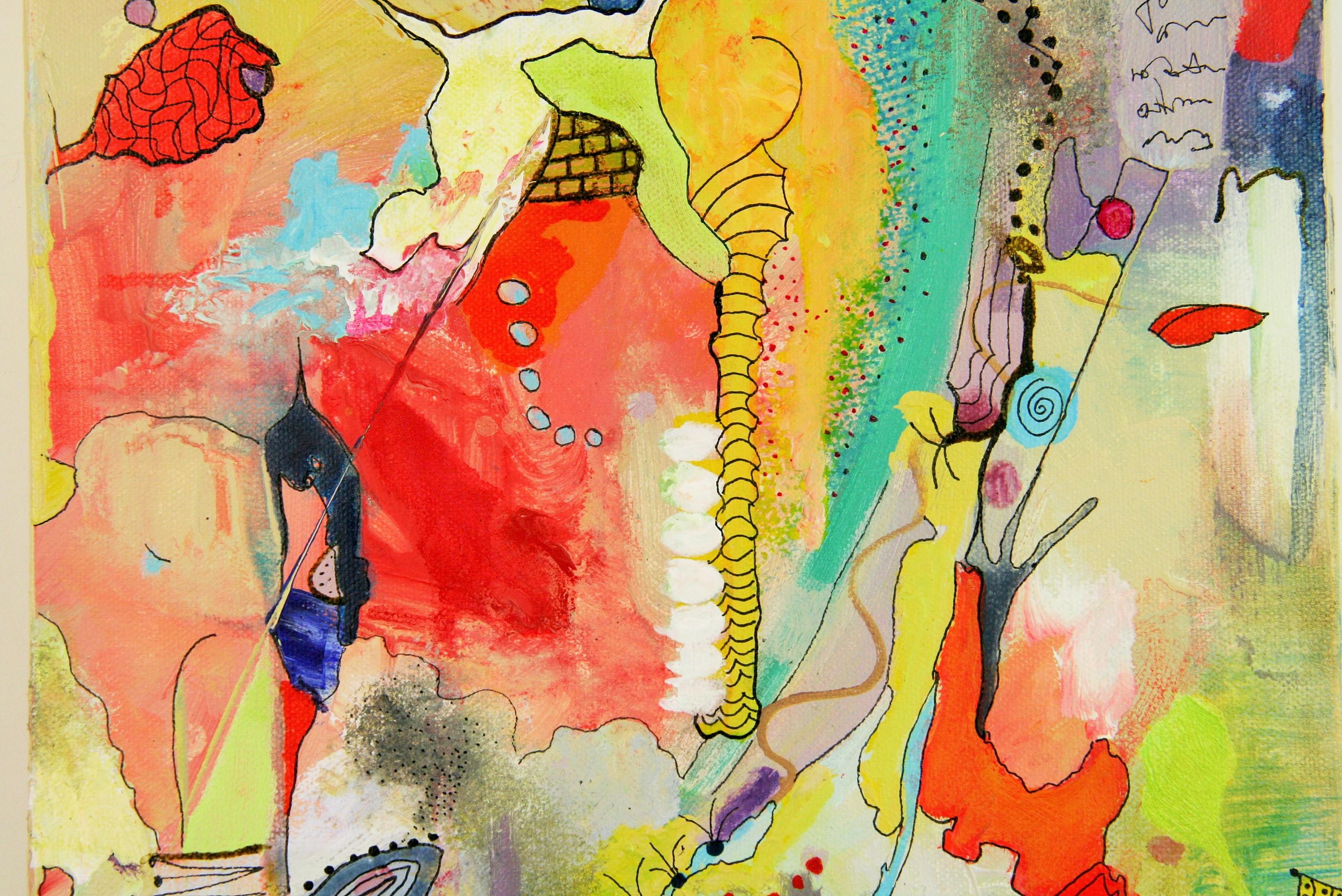 Italienisches futuristisches Ölgemälde im Vintage-Stil „Fantasy Garden“ (Braun), Abstract Painting, von R.Zani