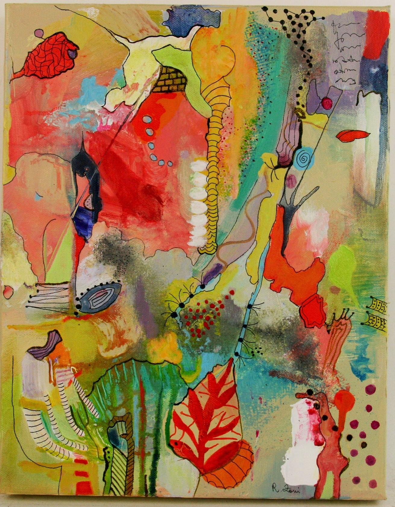 Peinture à l'huile italienne futuriste vintage « Fantasy Garden »