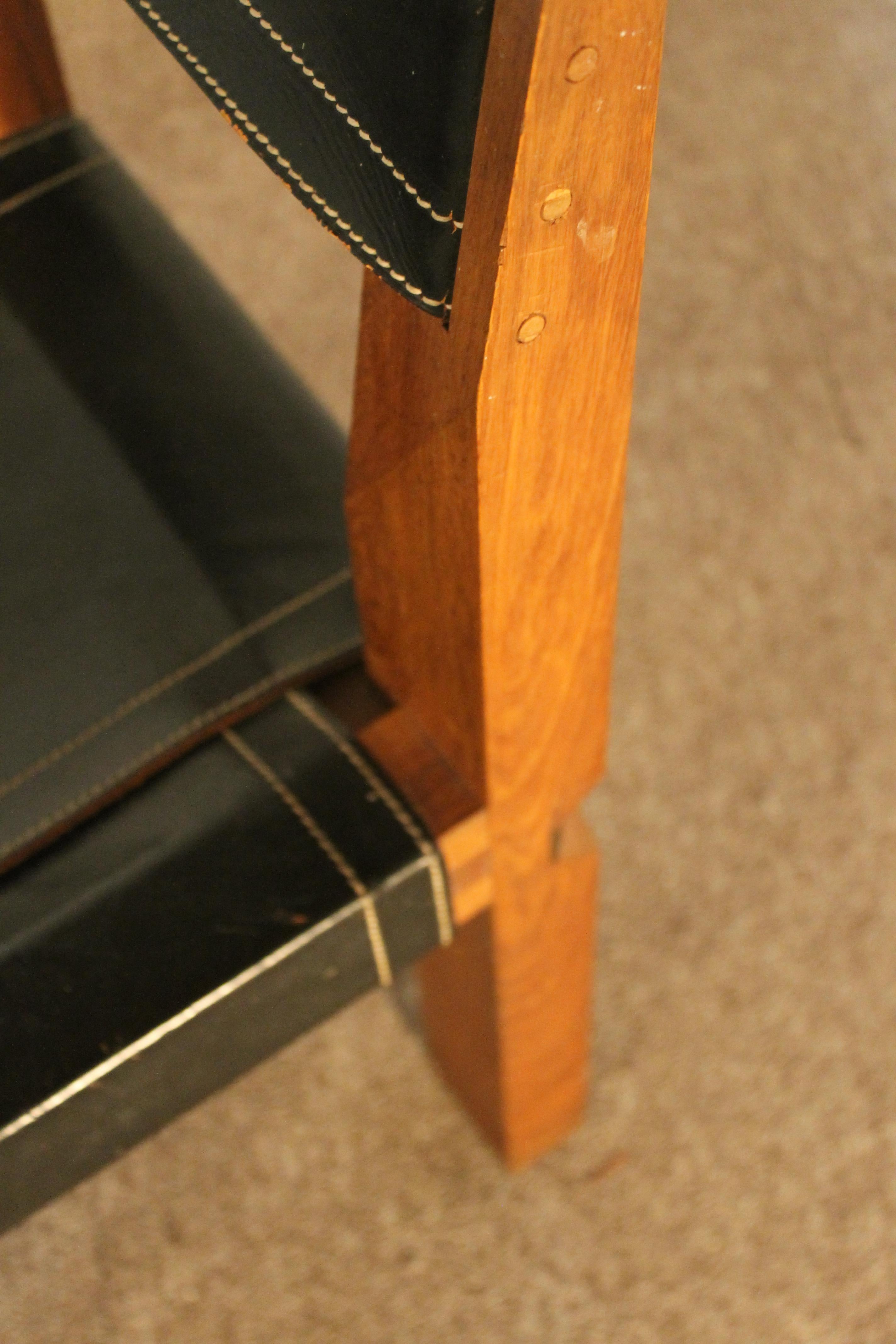 20th Century S 11, French Oak Chair with Leather Sling Seat by Pierre Chapo