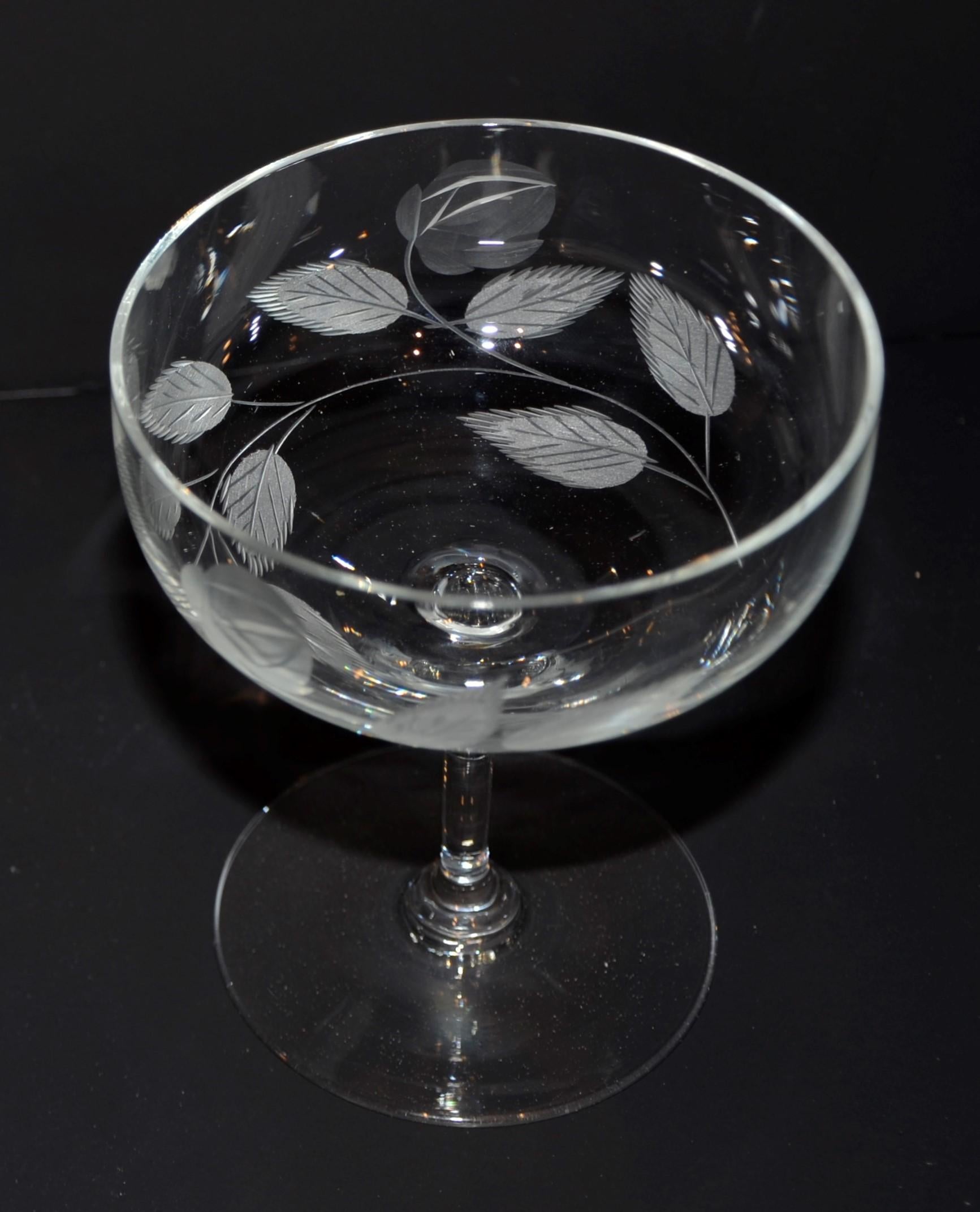 Set of 12 Cut Glass Rose Stem and Leaf Theme Champagne Coupes Glasses 4