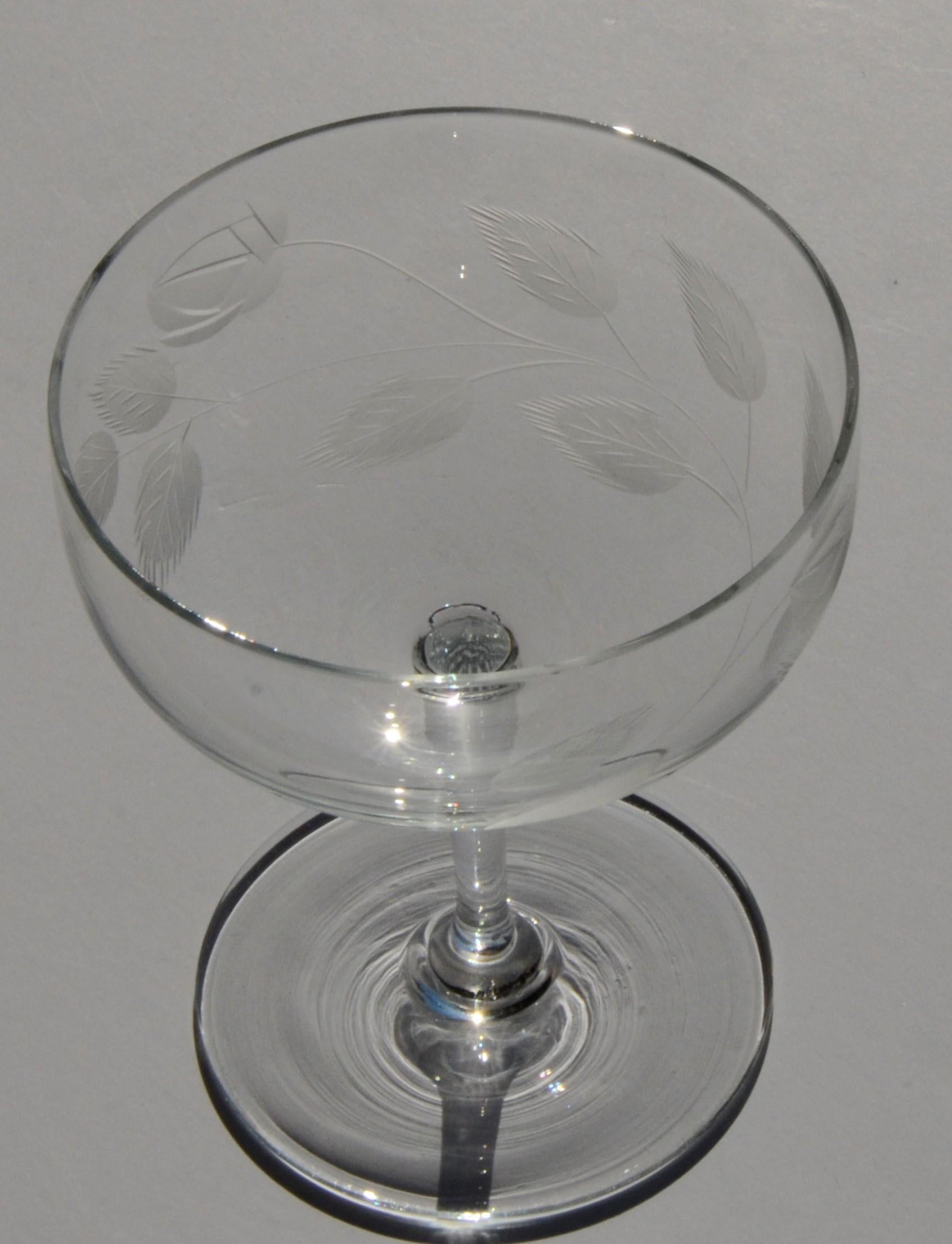 American Set of 12 Cut Glass Rose Stem and Leaf Theme Champagne Coupes Glasses
