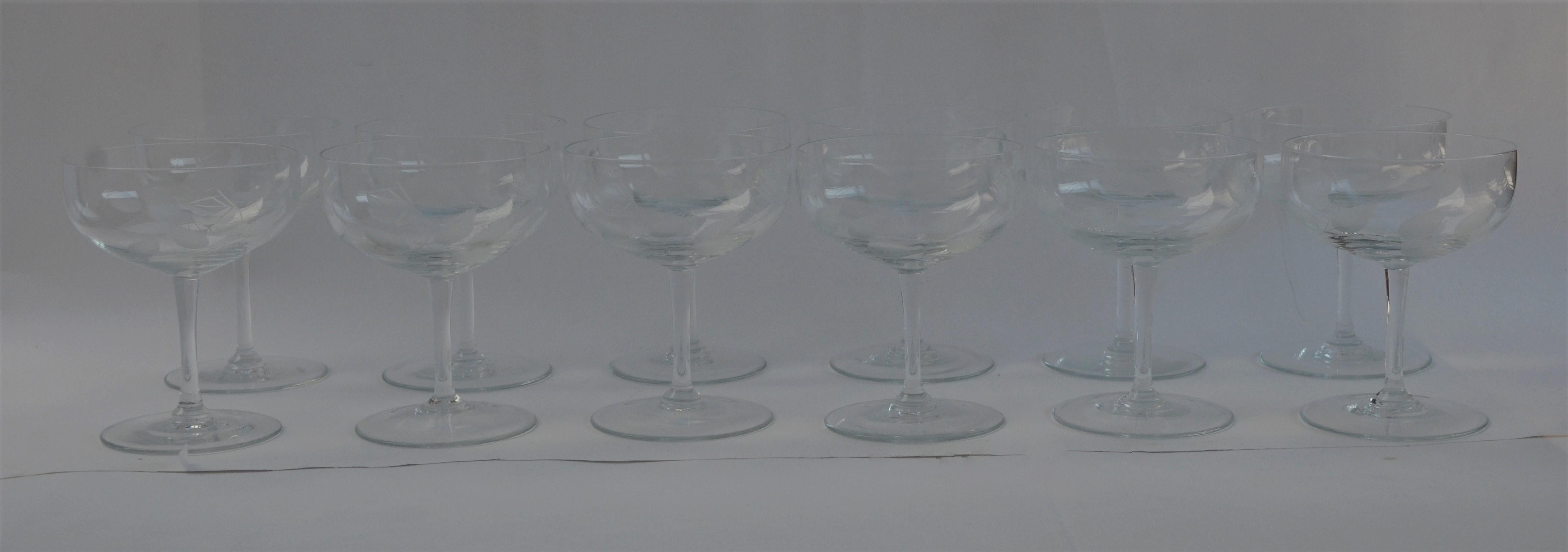 Set of 12 Cut Glass Rose Stem and Leaf Theme Champagne Coupes Glasses In Good Condition In Houston, TX