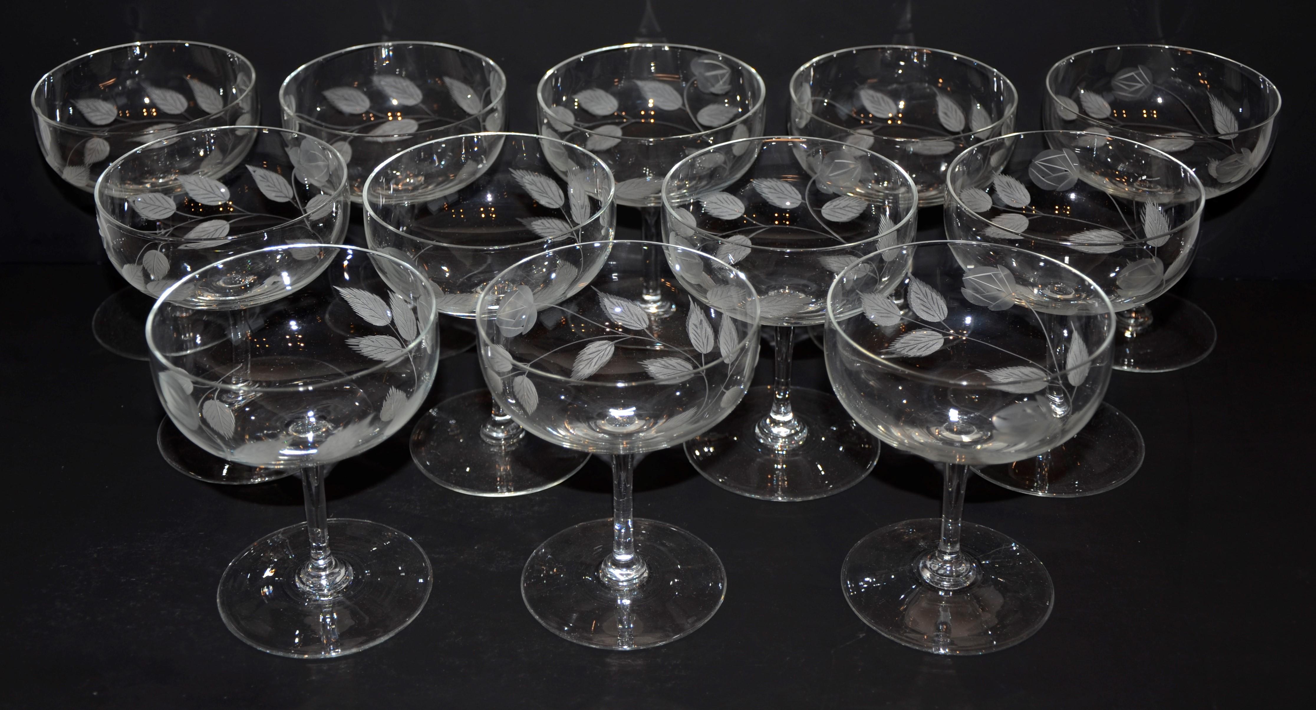 20th Century Set of 12 Cut Glass Rose Stem and Leaf Theme Champagne Coupes Glasses