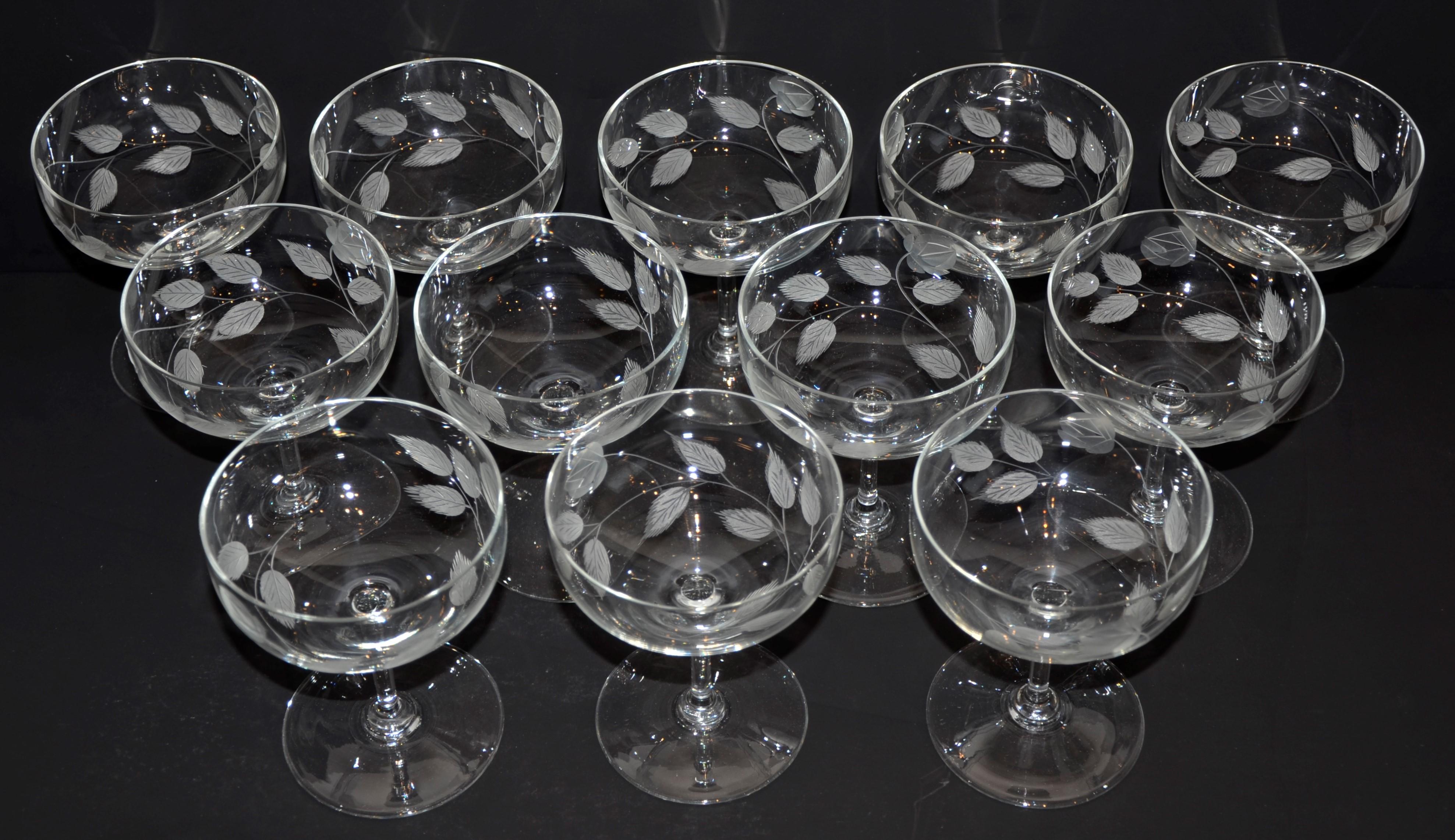 Set of 12 Cut Glass Rose Stem and Leaf Theme Champagne Coupes Glasses 1