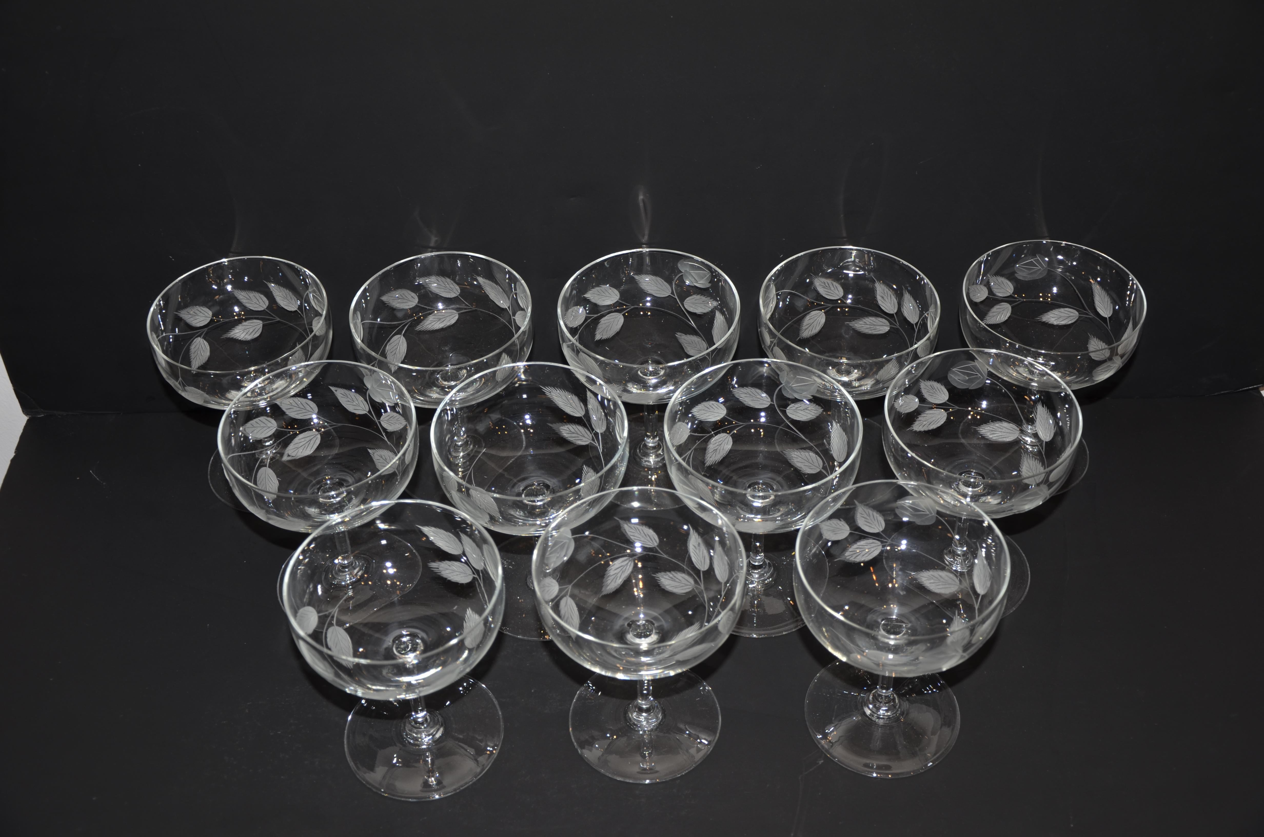 Set of 12 Cut Glass Rose Stem and Leaf Theme Champagne Coupes Glasses 2