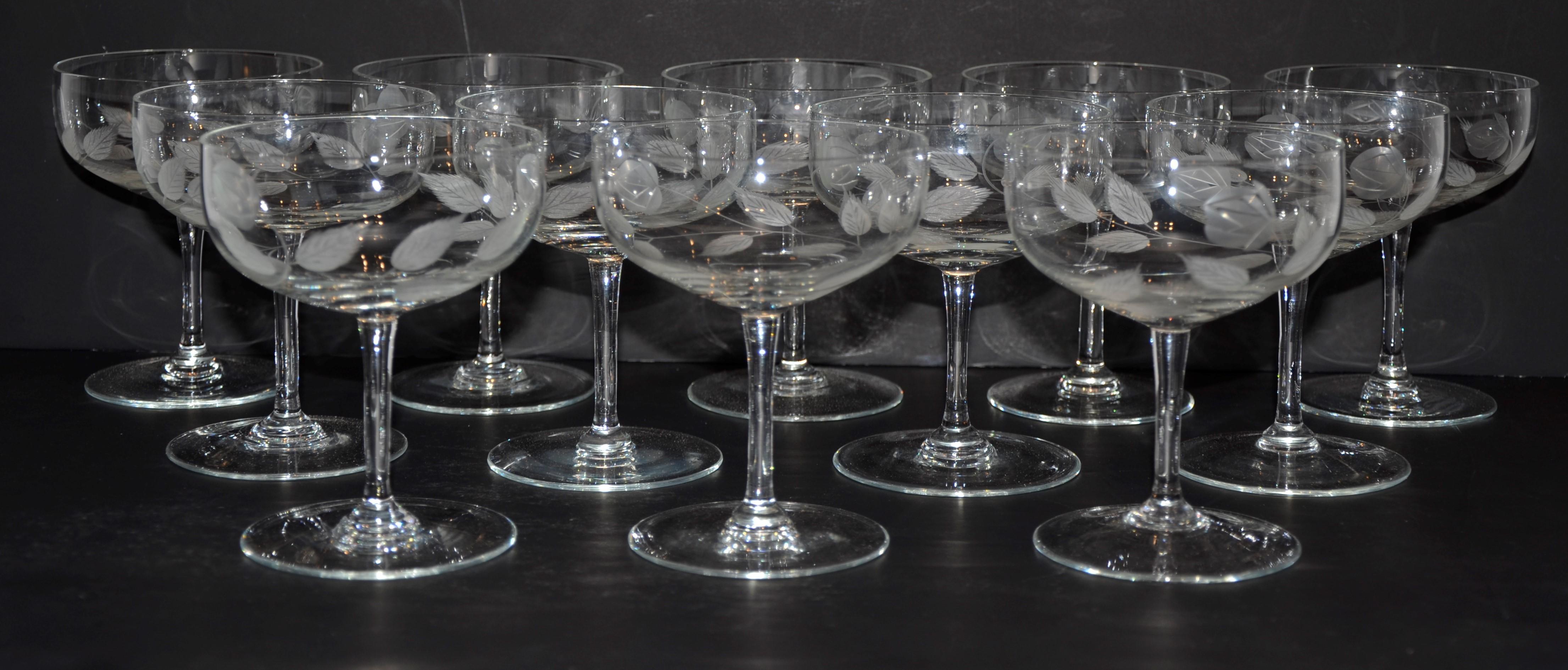 Set of 12 Cut Glass Rose Stem and Leaf Theme Champagne Coupes Glasses 3
