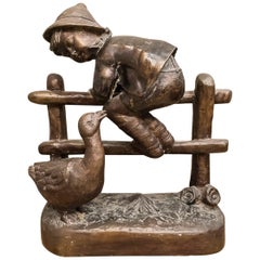 S 19th Century Bronze French School Figure of Child Playing with Goose