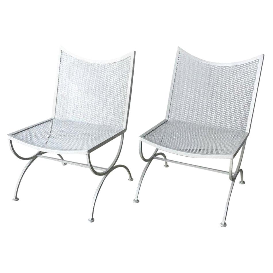 S/2 Bob Anderson Newly Enameled White Wrought Iron Armless Patio Side Chairs For Sale