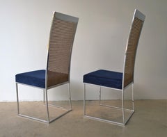 S/2 Milo Baughman Navy Chenille / Cotton Velvet Chrome & Cane Back Dining Chairs