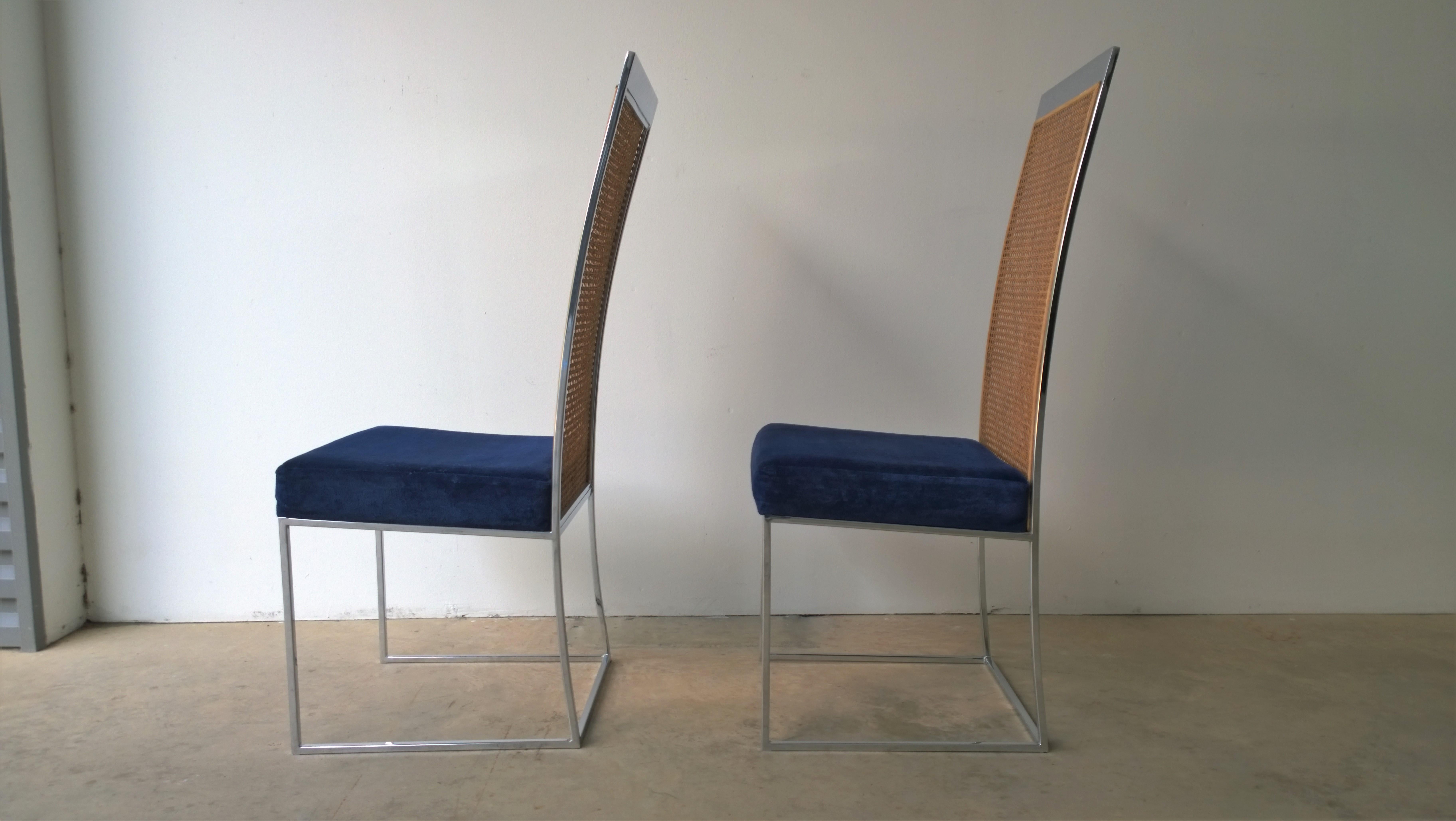 Mid-Century Modern S/2 Milo Baughman Navy Chenille / Cotton Velvet Chrome & Cane Back Dining Chairs