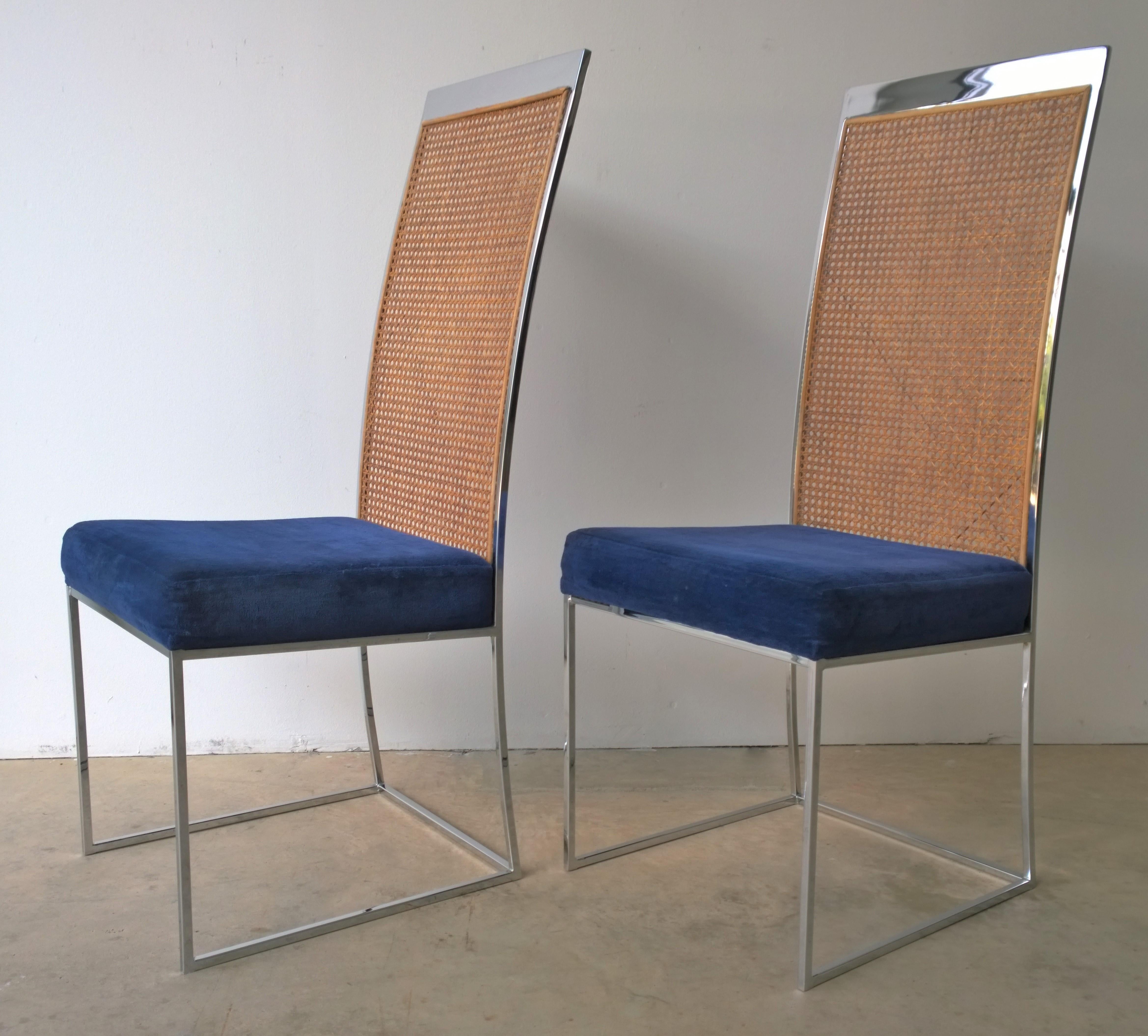 American S/2 Milo Baughman Navy Chenille / Cotton Velvet Chrome & Cane Back Dining Chairs