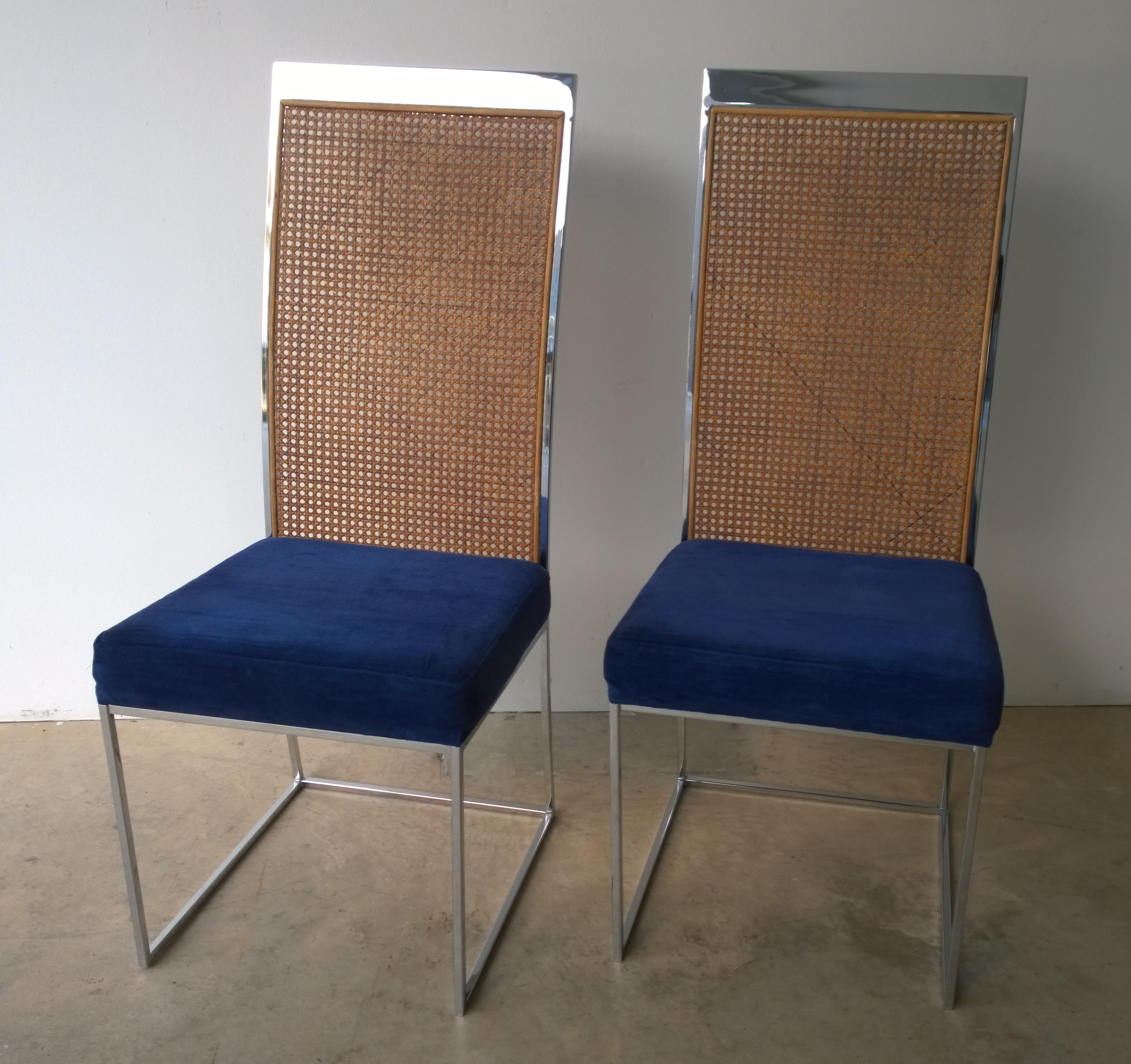 S/2 Milo Baughman Navy Chenille / Cotton Velvet Chrome & Cane Back Dining Chairs In Good Condition In Houston, TX