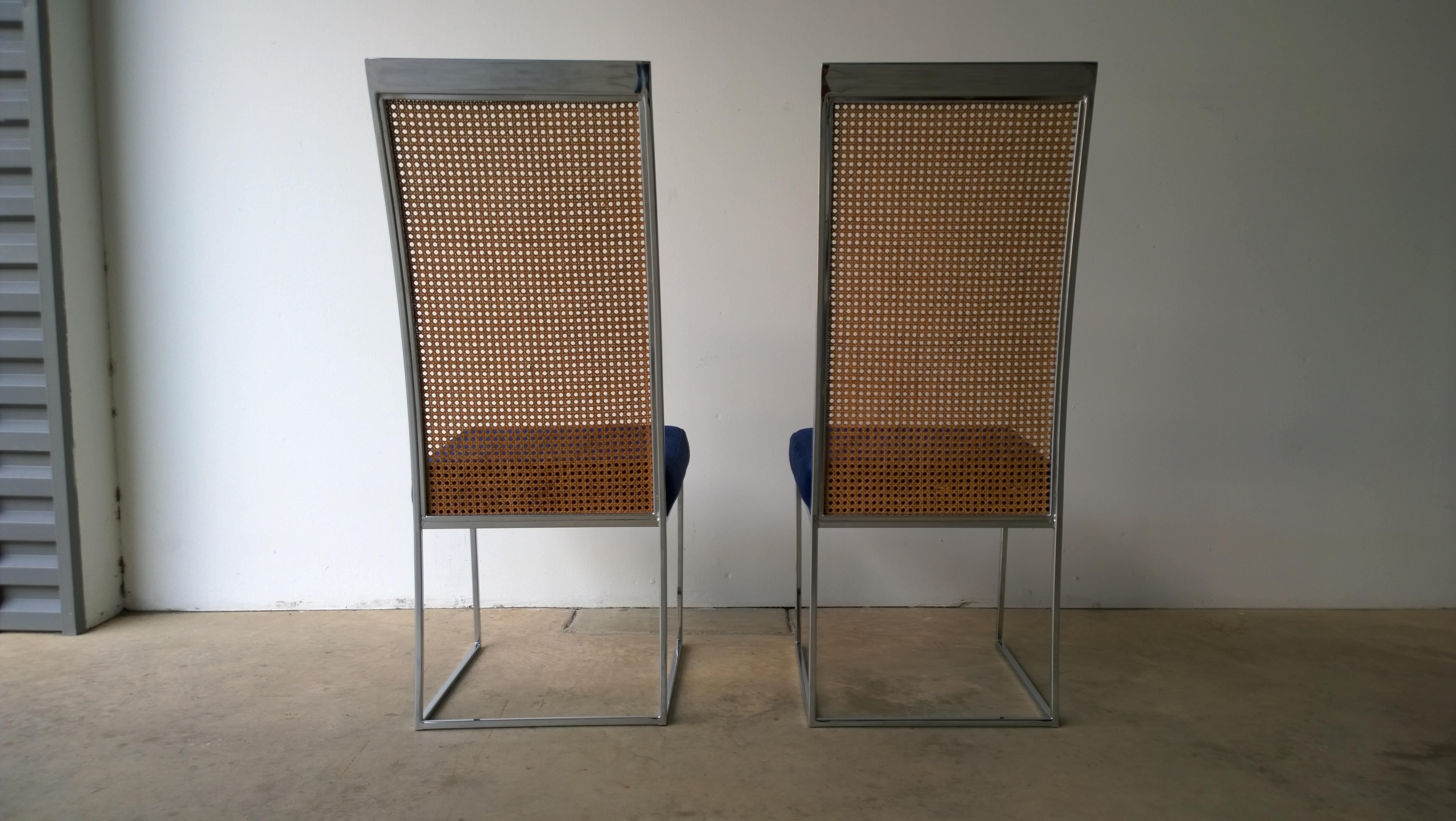 20th Century S/2 Milo Baughman Navy Chenille / Cotton Velvet Chrome & Cane Back Dining Chairs
