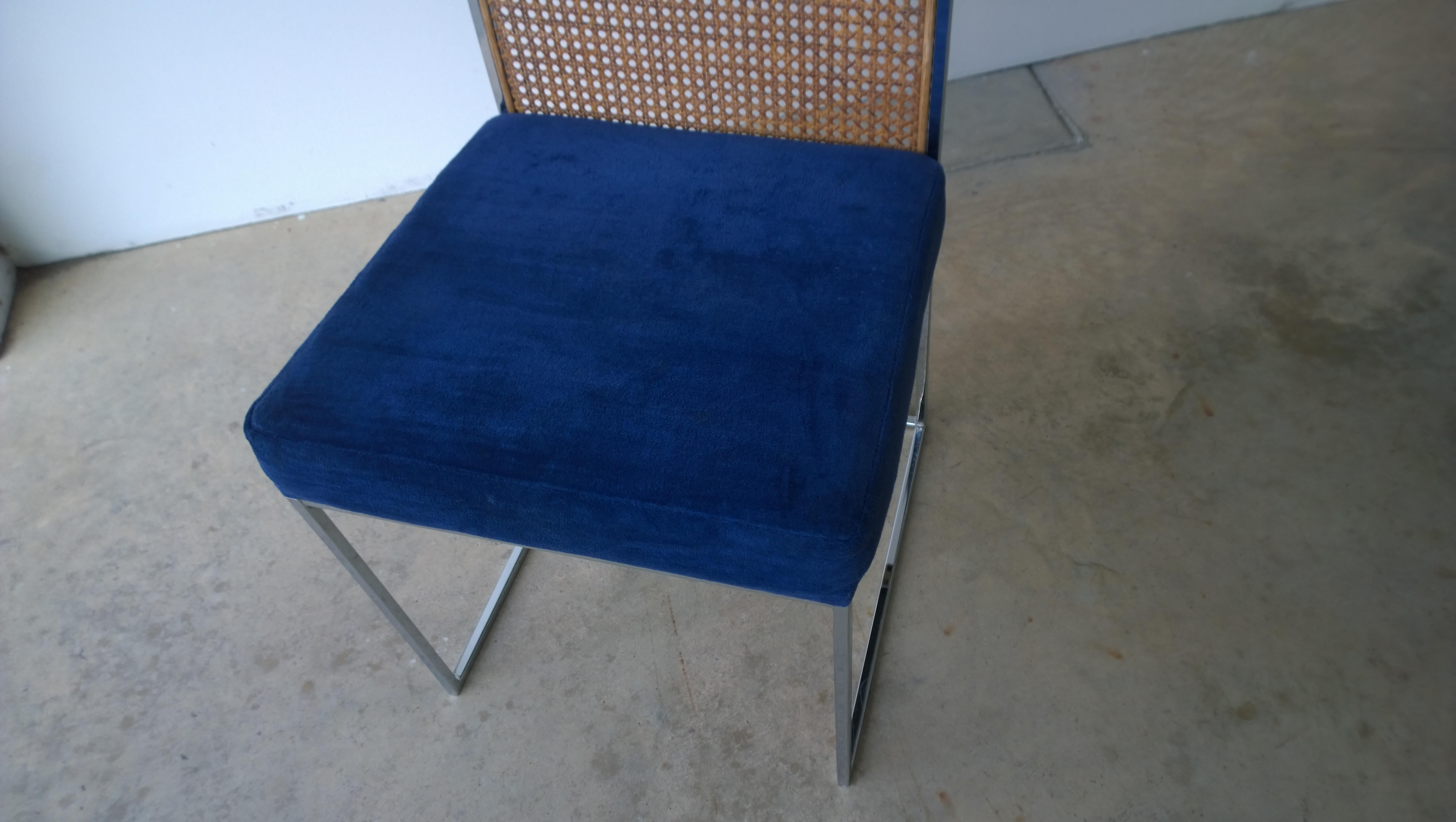 Fabric S/2 Milo Baughman Navy Chenille / Cotton Velvet Chrome & Cane Back Dining Chairs