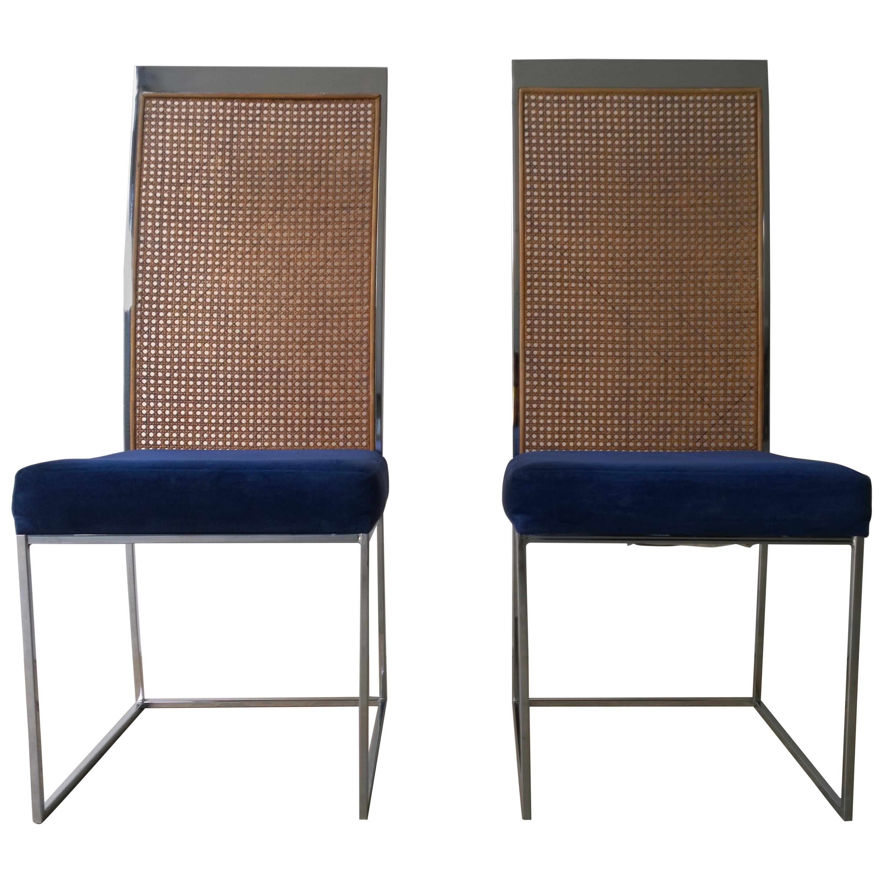 S/2 Milo Baughman Navy Chenille / Cotton Velvet Chrome & Cane Back Dining Chairs