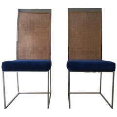 S/2 Milo Baughman Navy Chenille / Cotton Velvet Chrome & Cane Back Dining Chairs