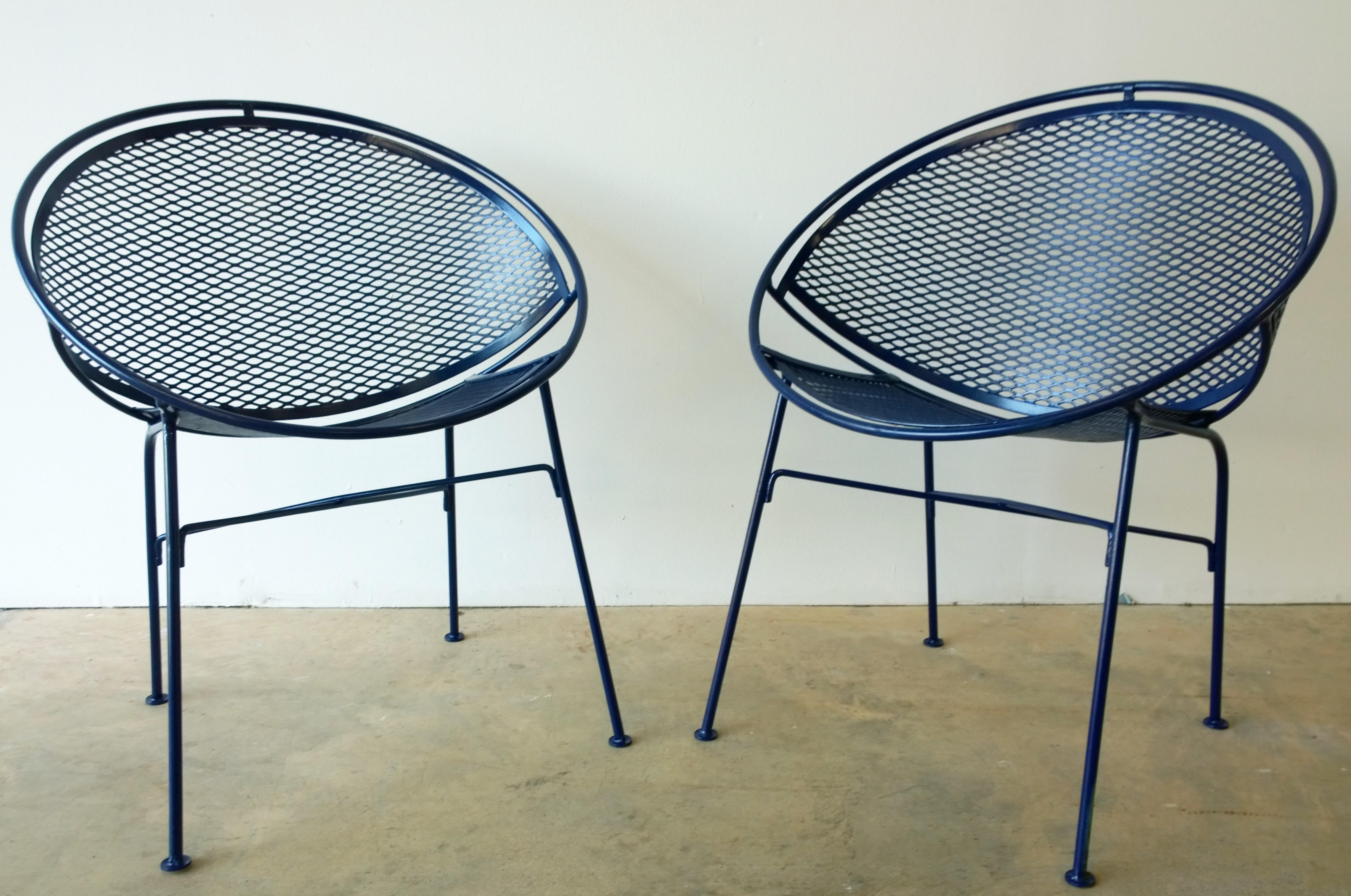 Set of 2 Wrought Iron Newly Enameled in Blue John Salterini Radar Patio Chairs For Sale 4