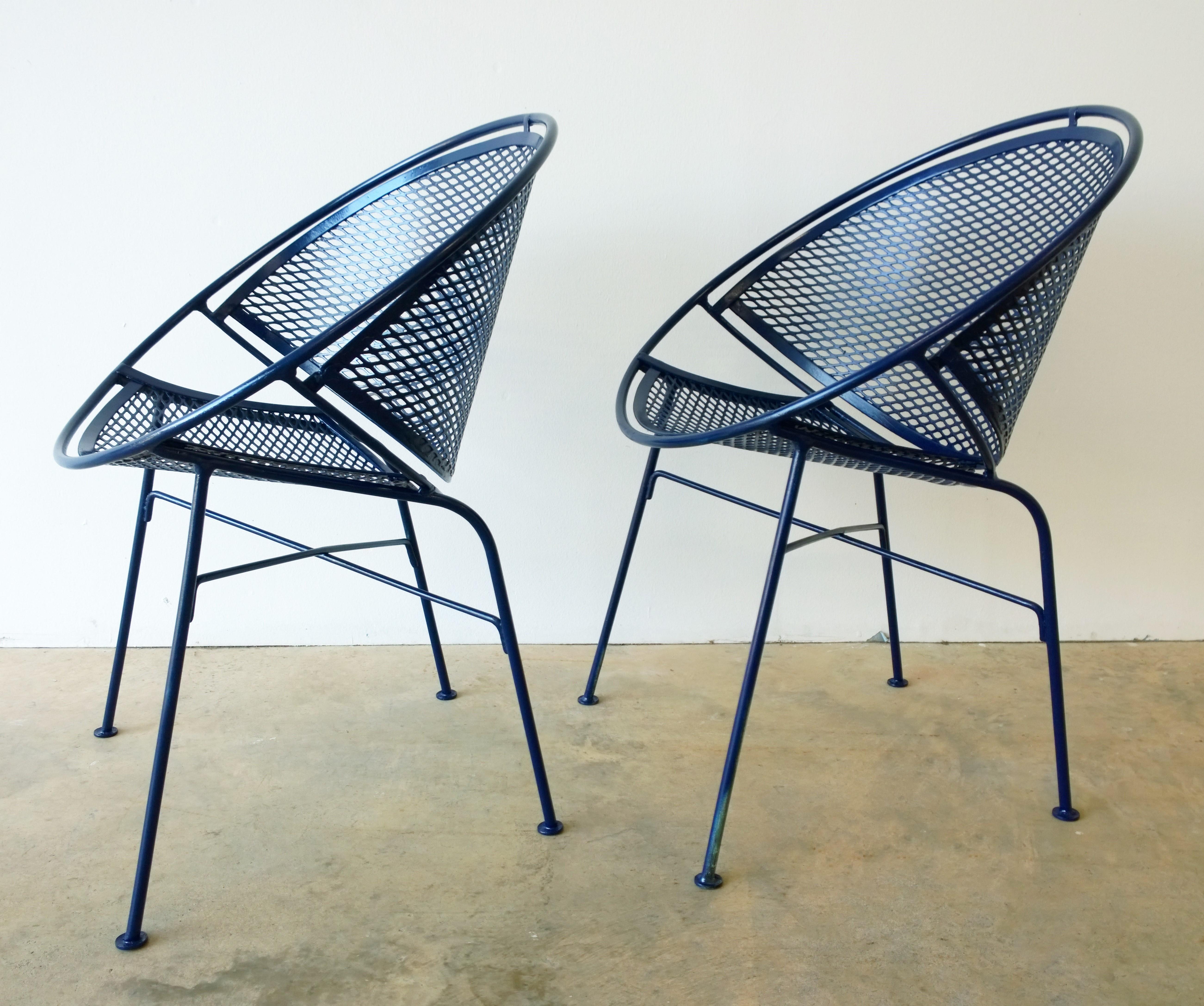 Set of 2 Wrought Iron Newly Enameled in Blue John Salterini Radar Patio Chairs For Sale 5