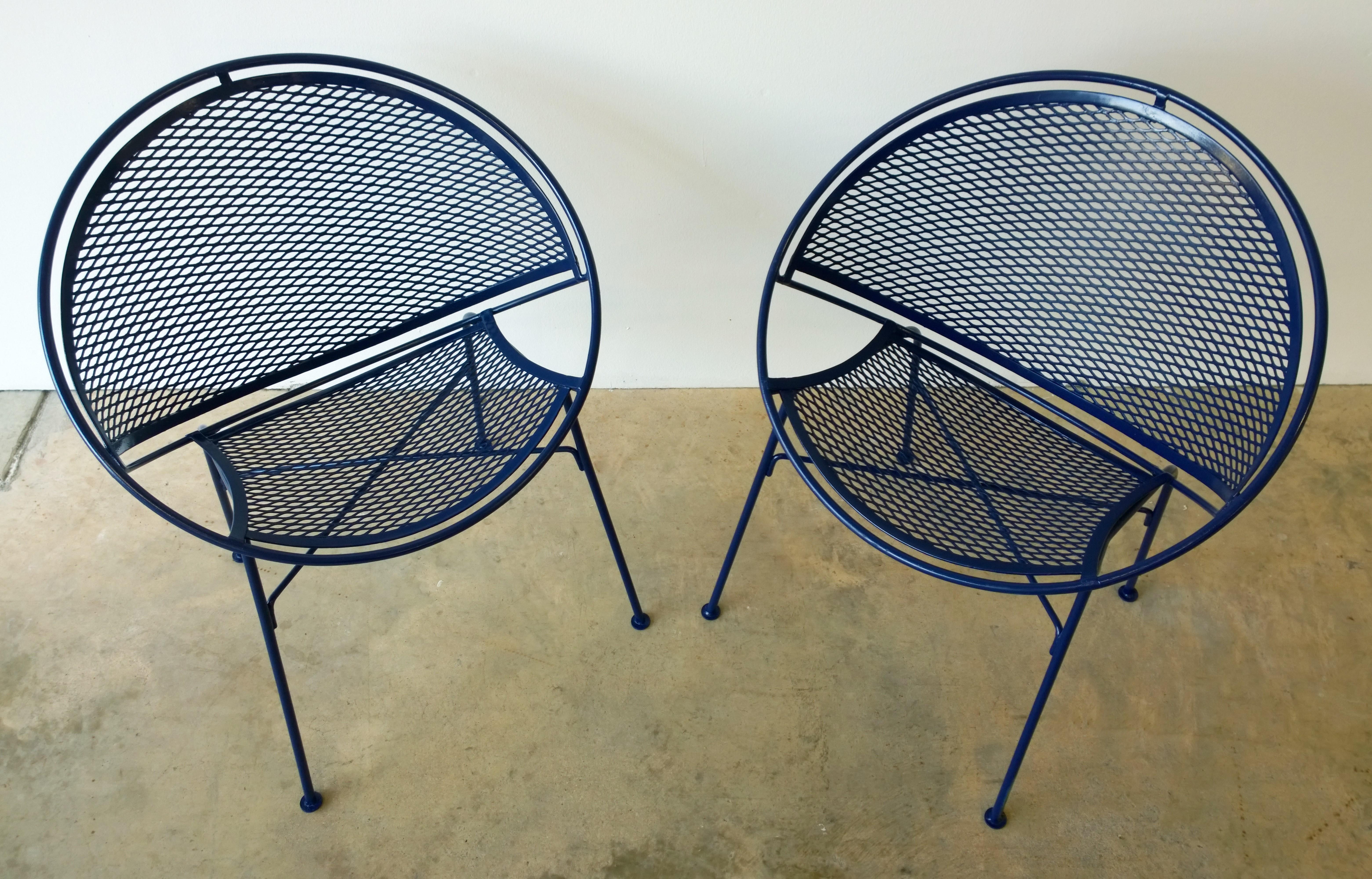 Set of 2 Wrought Iron Newly Enameled in Blue John Salterini Radar Patio Chairs For Sale 6