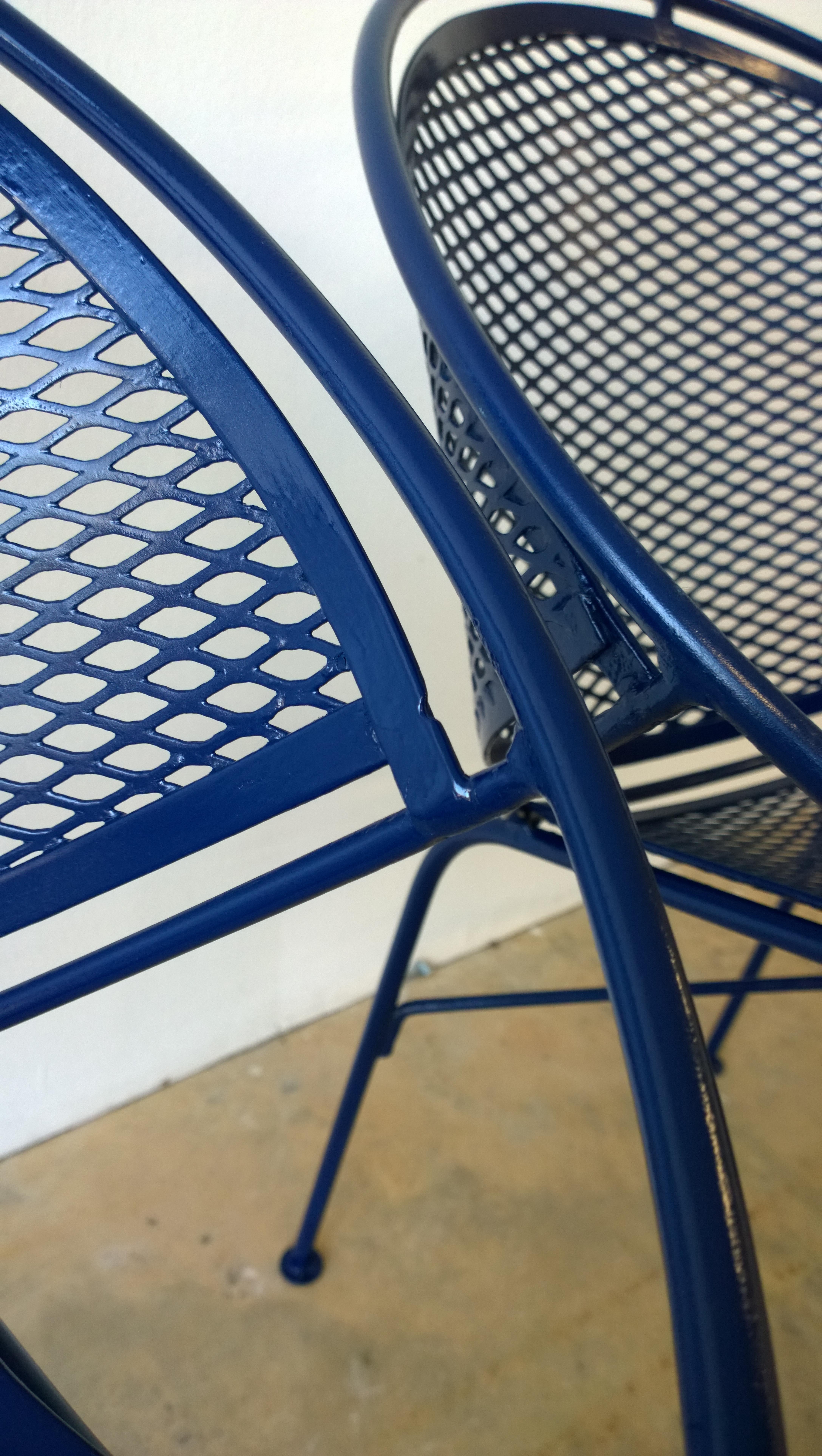 Set of 2 Wrought Iron Newly Enameled in Blue John Salterini Radar Patio Chairs For Sale 9