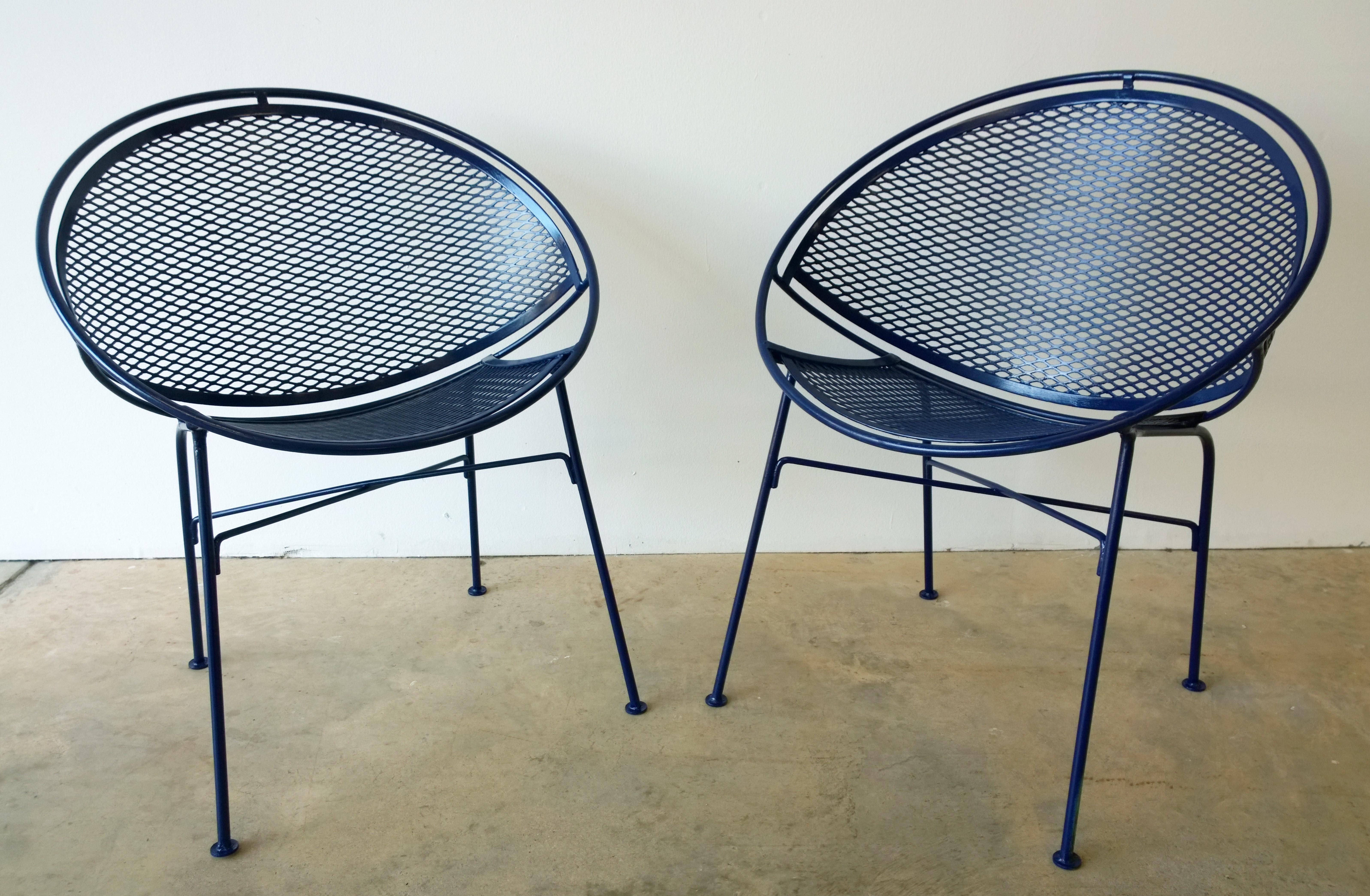 Offered is a set of two John Salterini wrought iron Radar patio / garden chairs newly enameled in Classic blue. This set of Salterini Radar Patio chairs are rare and hard to find. This set would be perfect for a front porch, around the pool, sitting