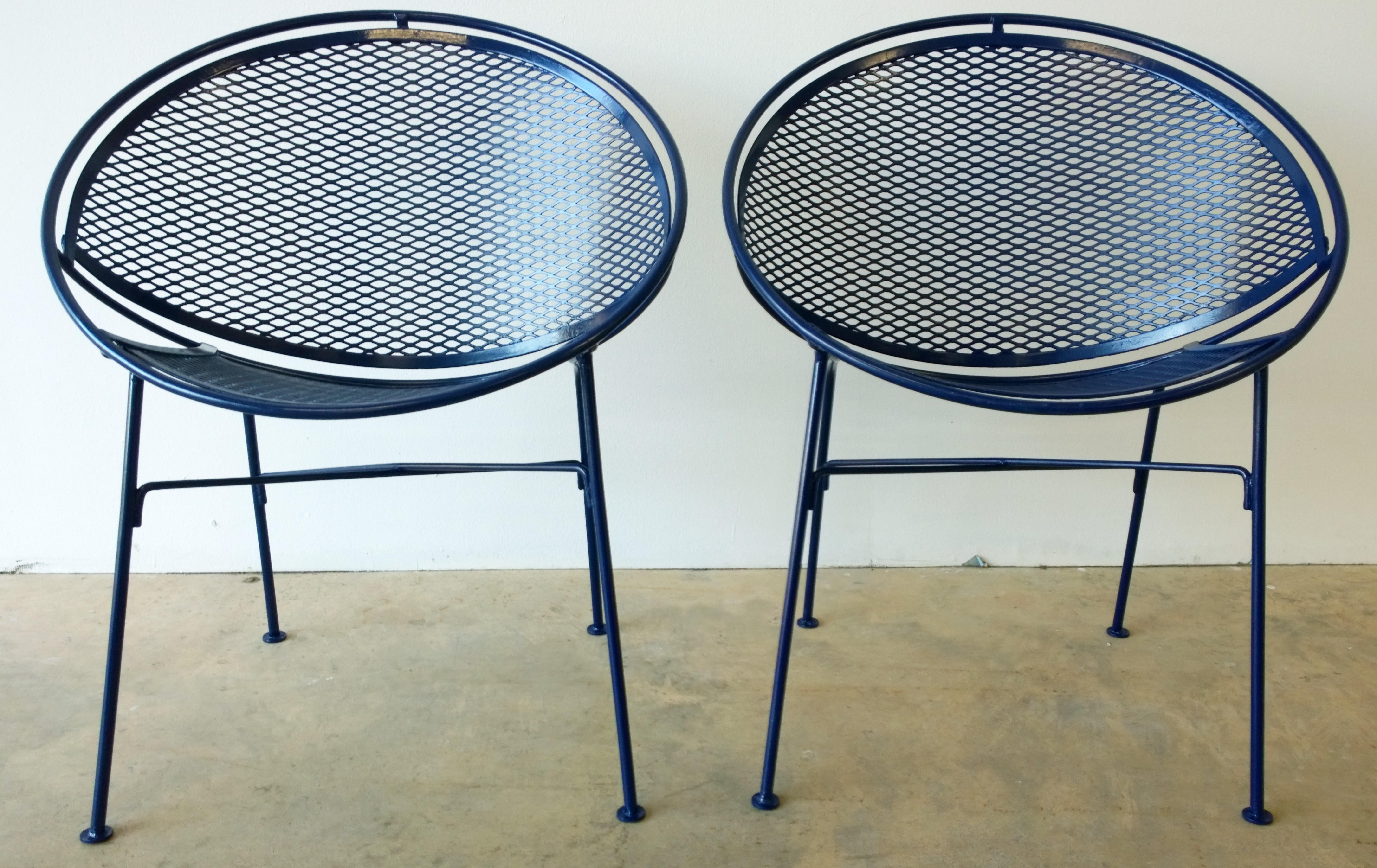 Mid-Century Modern Set of 2 Wrought Iron Newly Enameled in Blue John Salterini Radar Patio Chairs For Sale