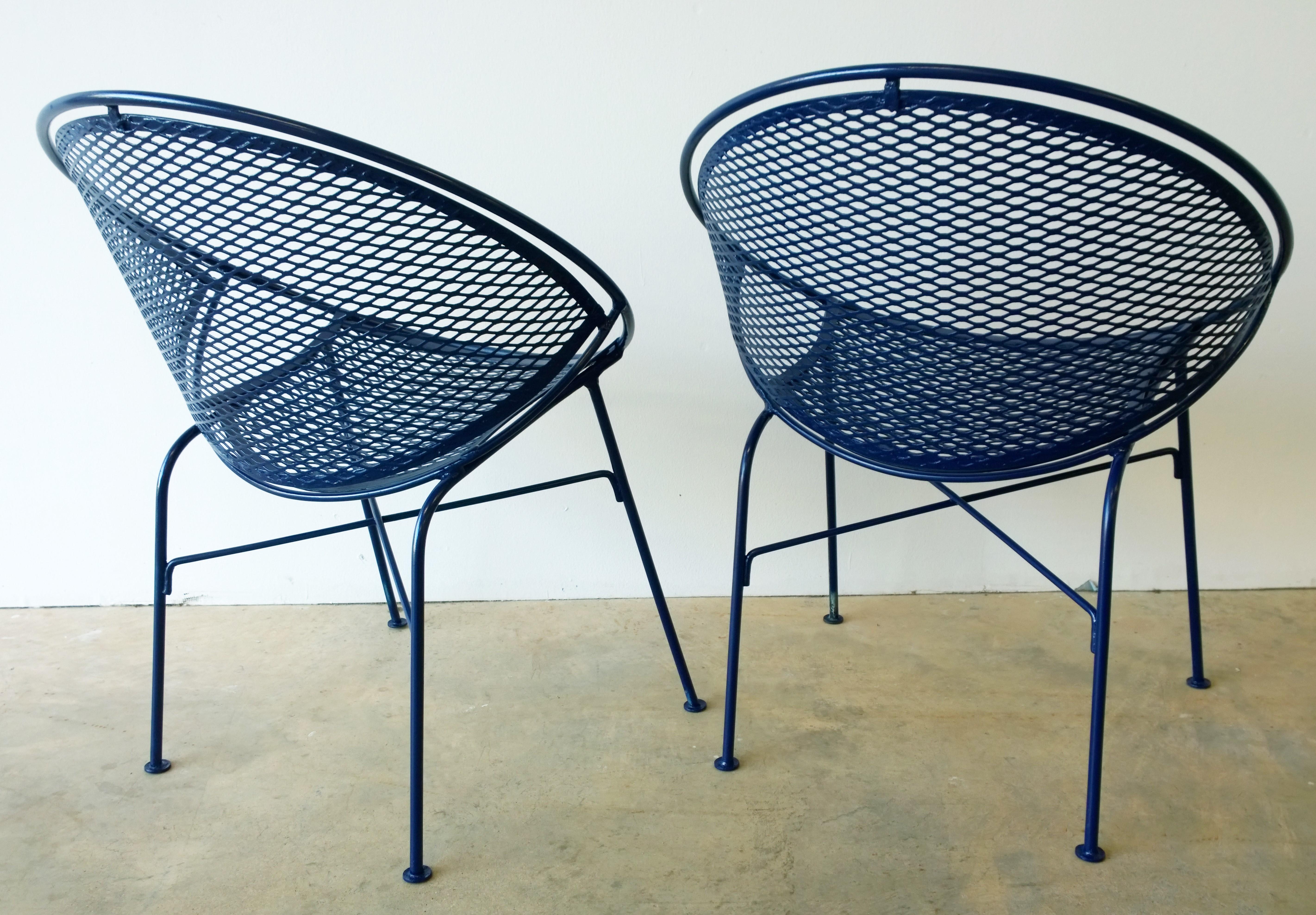 20th Century Set of 2 Wrought Iron Newly Enameled in Blue John Salterini Radar Patio Chairs For Sale