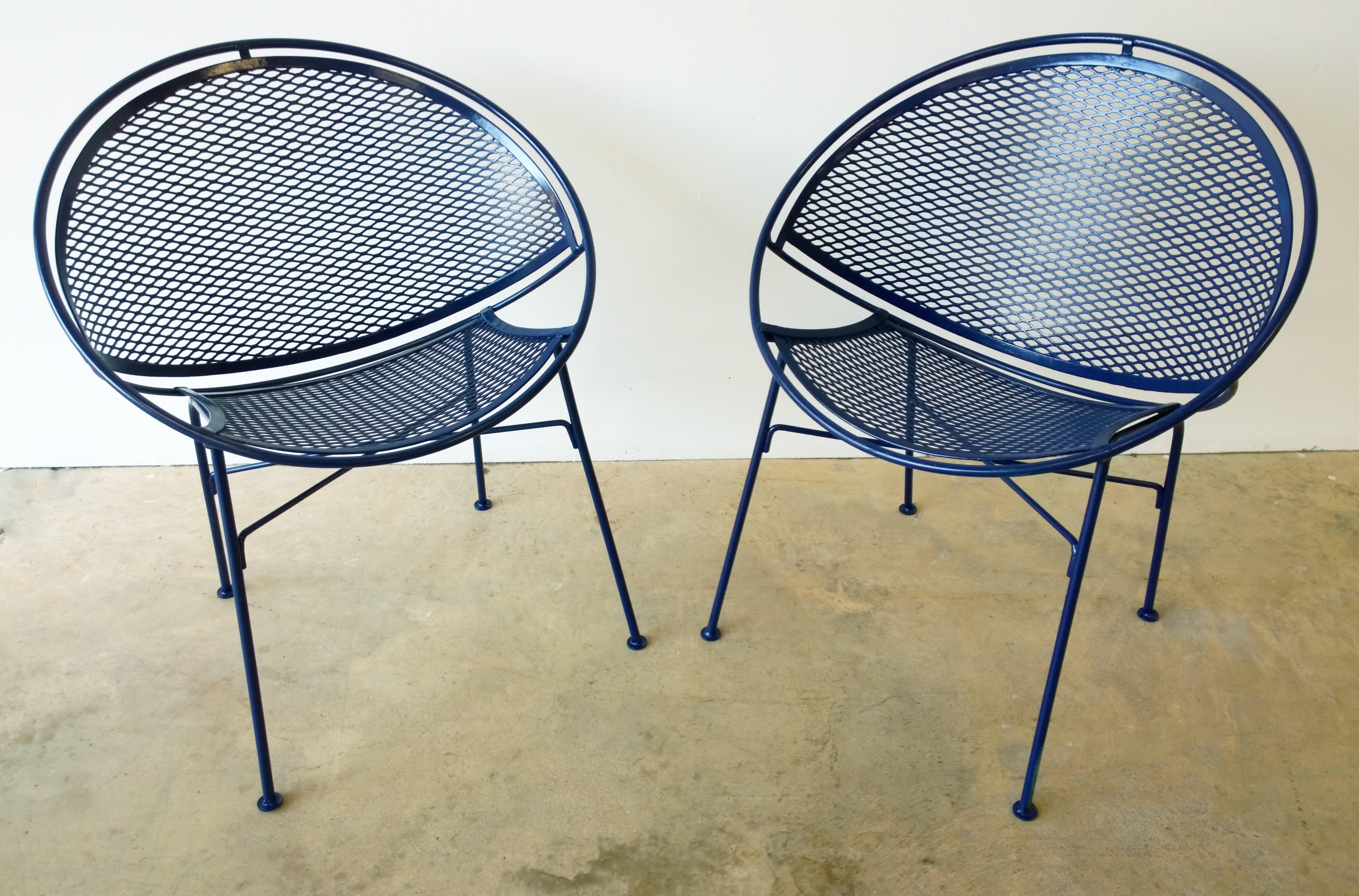 Set of 2 Wrought Iron Newly Enameled in Blue John Salterini Radar Patio Chairs For Sale 1