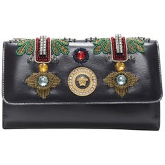 S/2018 L #27 VERSACE BLACK LEATHER BYZANTINE CROSS EMBELLISHED WALLET ON Chain