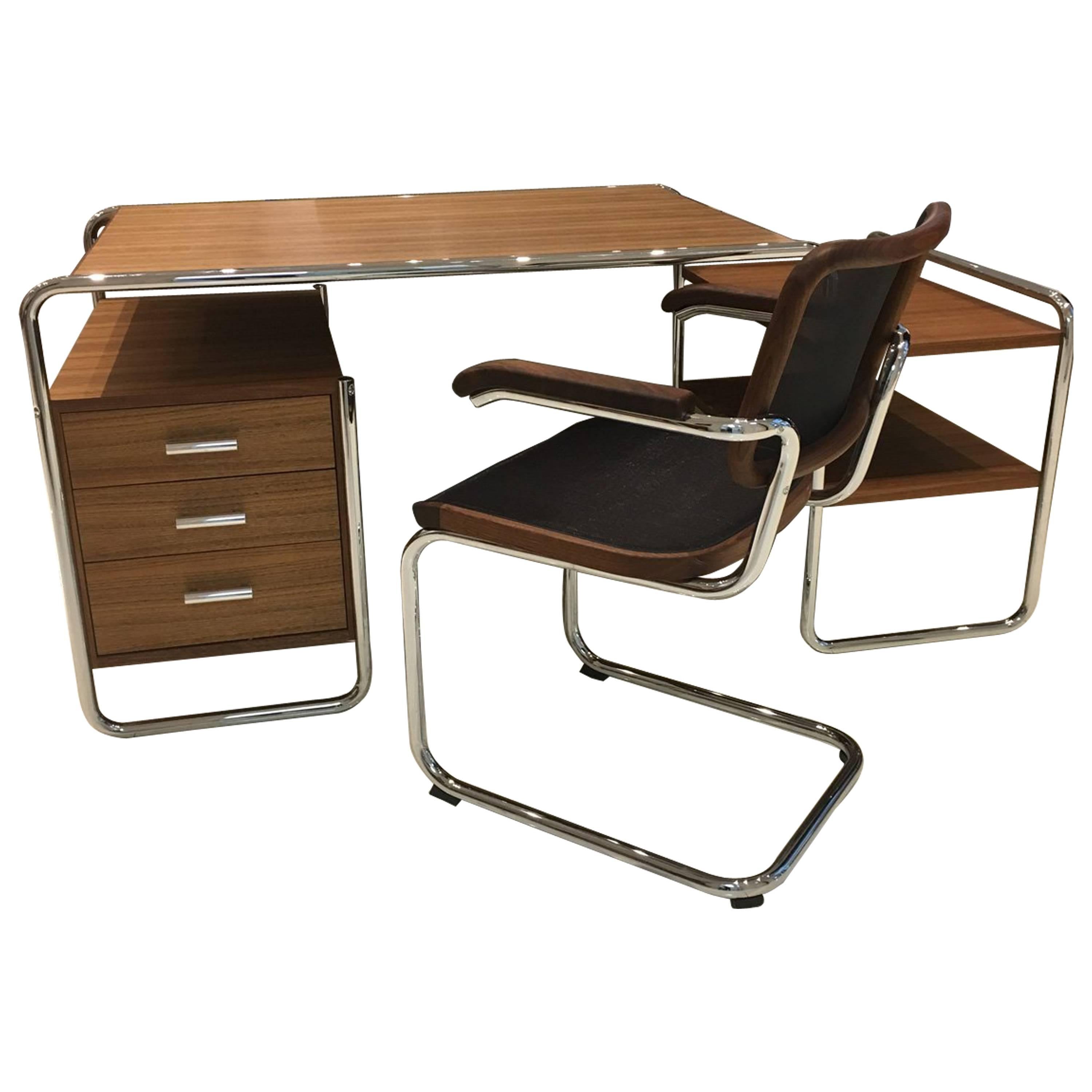 S 285 & S 64 N Tubular Steel Chrome Walnut Wood Desk & Chair by Gebruder Thonet