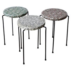 S/3 Black Wrought Iron w/ Red, Green & White Vinyl Stacking Stools / Side Tables