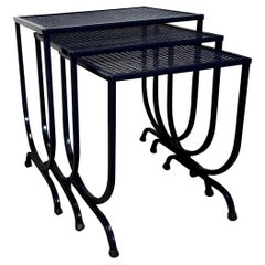 S/3 Salterini Newly Enameled Blue Wrought Iron Patio Stacking / Nesting Tables