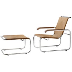 S 35 Poltrona da salotto a sbalzo in pelle e ottomana disegnata da Marcel Breuer