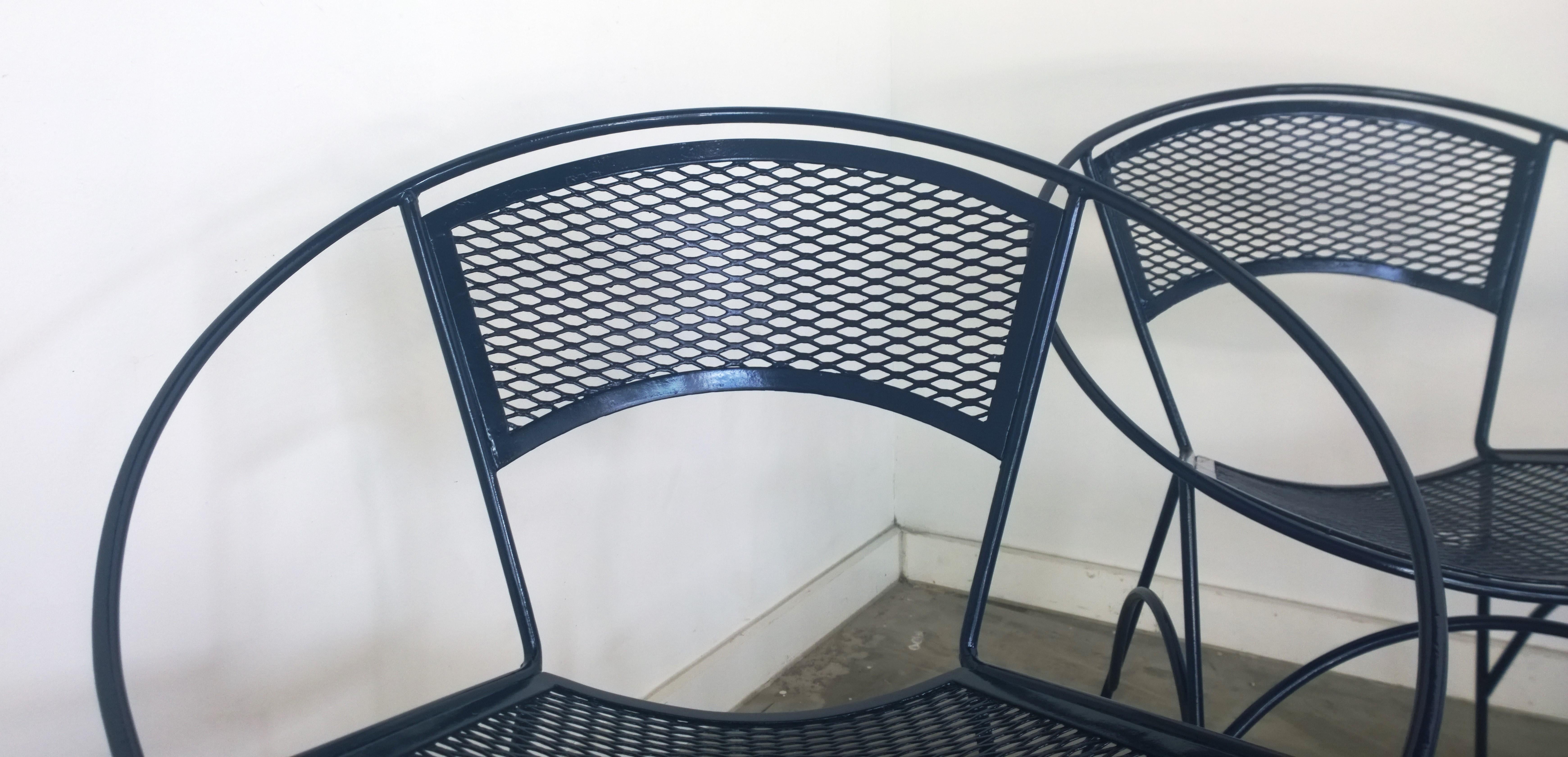 20th Century S/4 Salterini Wrought Iron Newly Enameled Navy Blue Radar Patio / Garden Chairs For Sale