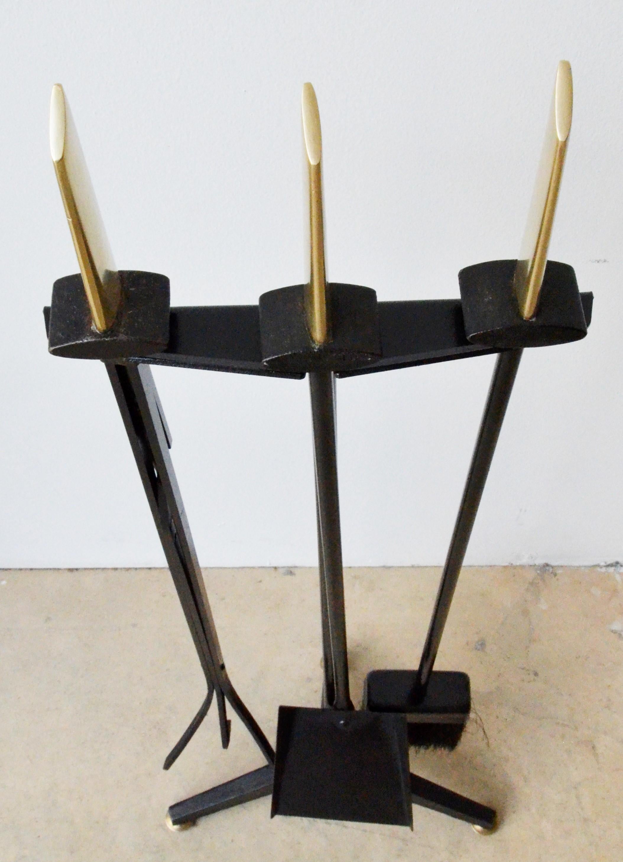 Mid-Century Modern Donald Deskey Black Wrought Iron with Brass Accent Fireplace Tools and Stand For Sale