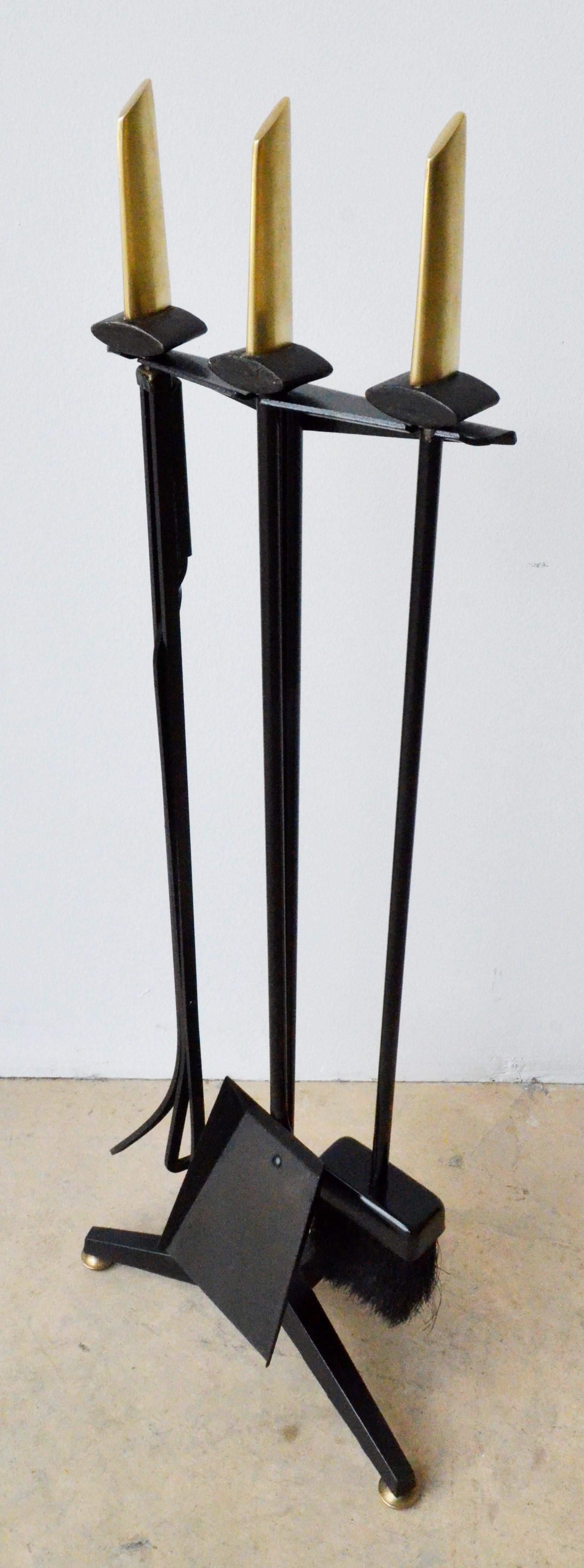 Painted Donald Deskey Black Wrought Iron with Brass Accent Fireplace Tools and Stand For Sale