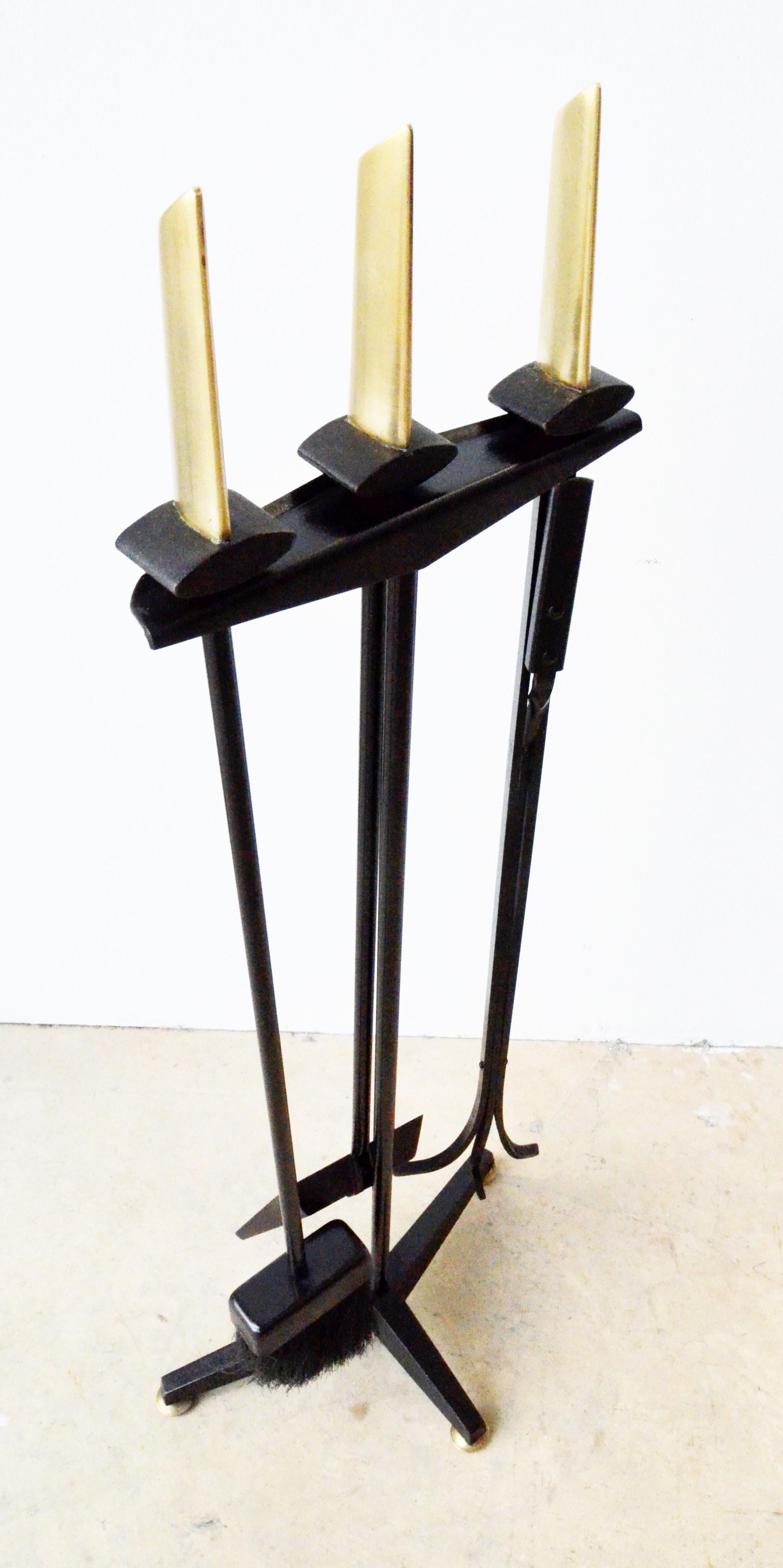 Donald Deskey Black Wrought Iron with Brass Accent Fireplace Tools and Stand In Good Condition For Sale In Houston, TX