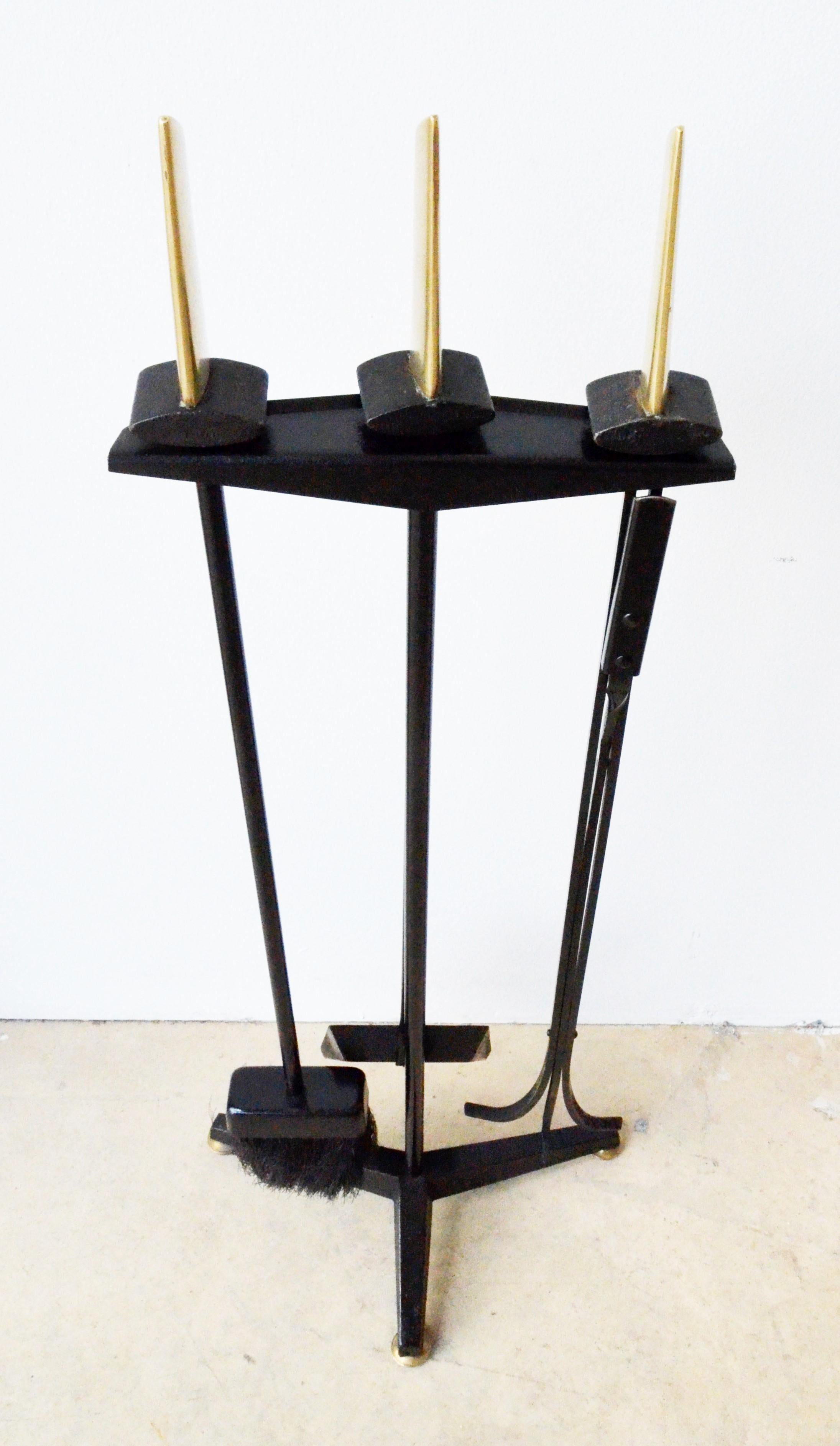 20th Century Donald Deskey Black Wrought Iron with Brass Accent Fireplace Tools and Stand For Sale