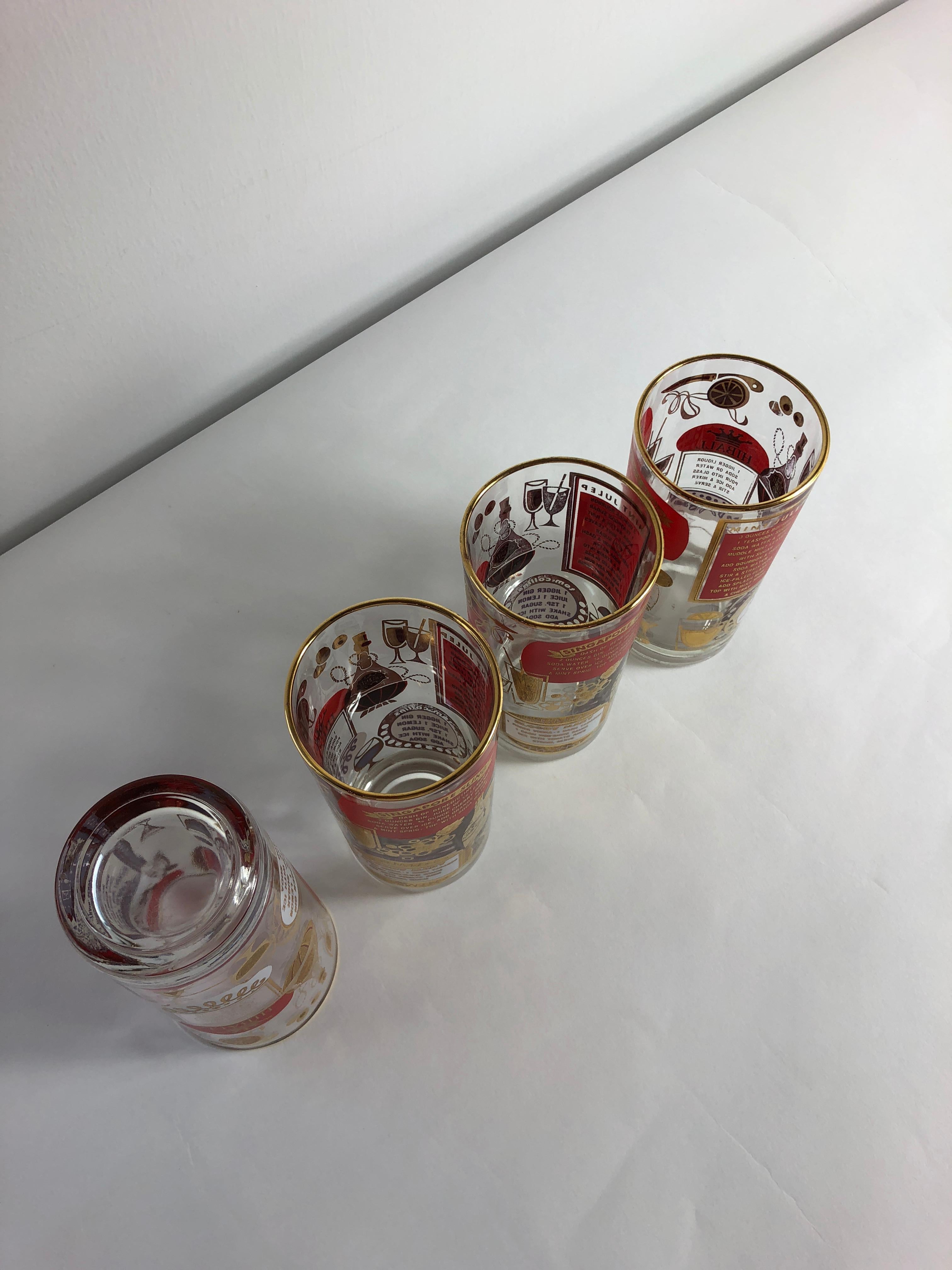 S/4 Mid-Century Modern Red & Gold Accents Drinks Recipes Motif Cocktail Glasses 7