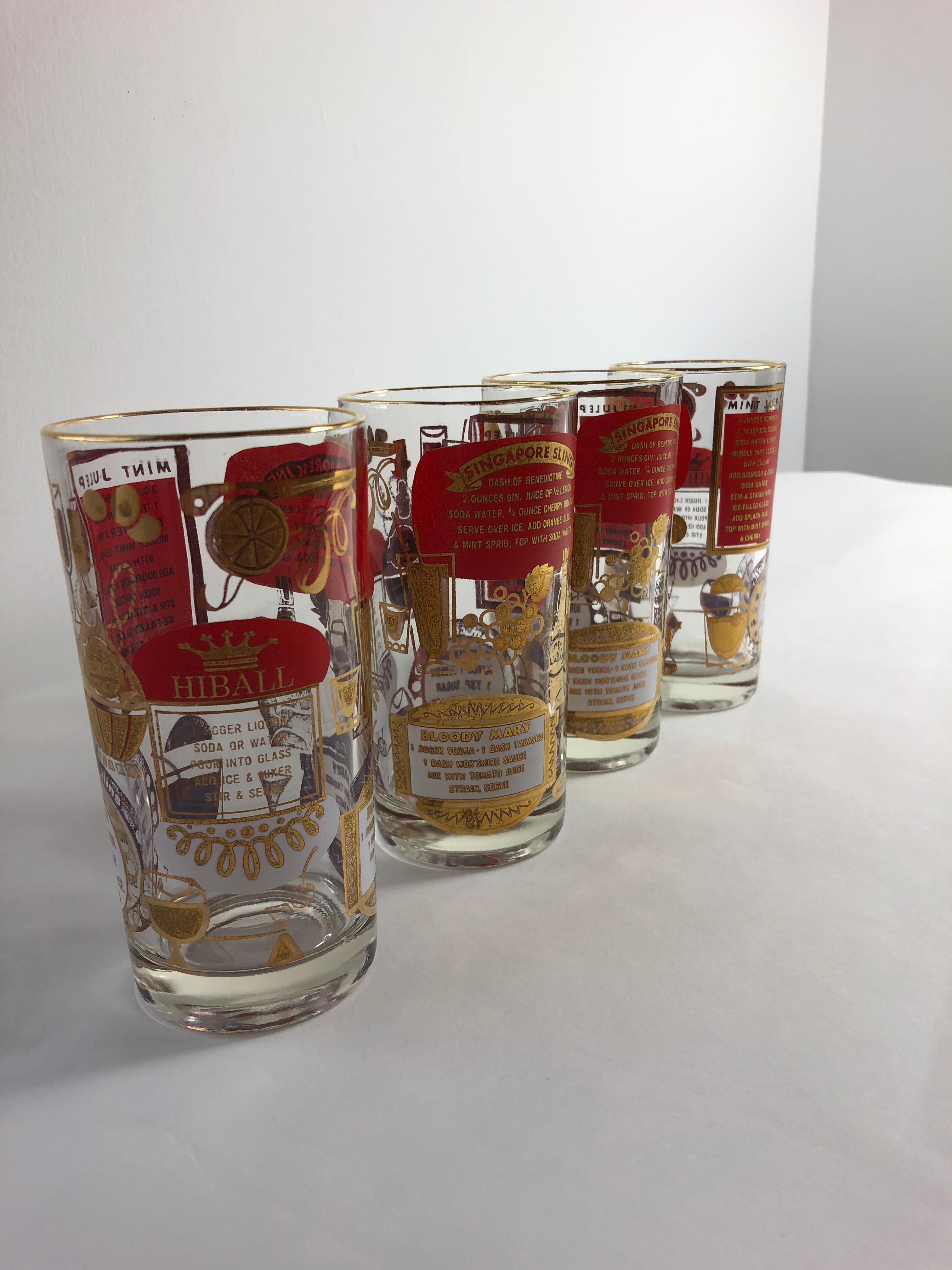 Offered is a set of four Mid-Century Modern red and gold gilt with cocktail recipes motif cocktail glasses. Not sure of the make. Could be Georges Briard. The set is so very midcentury with recipes for a Singapore Sling, Bloody Mary, Mint Julep and