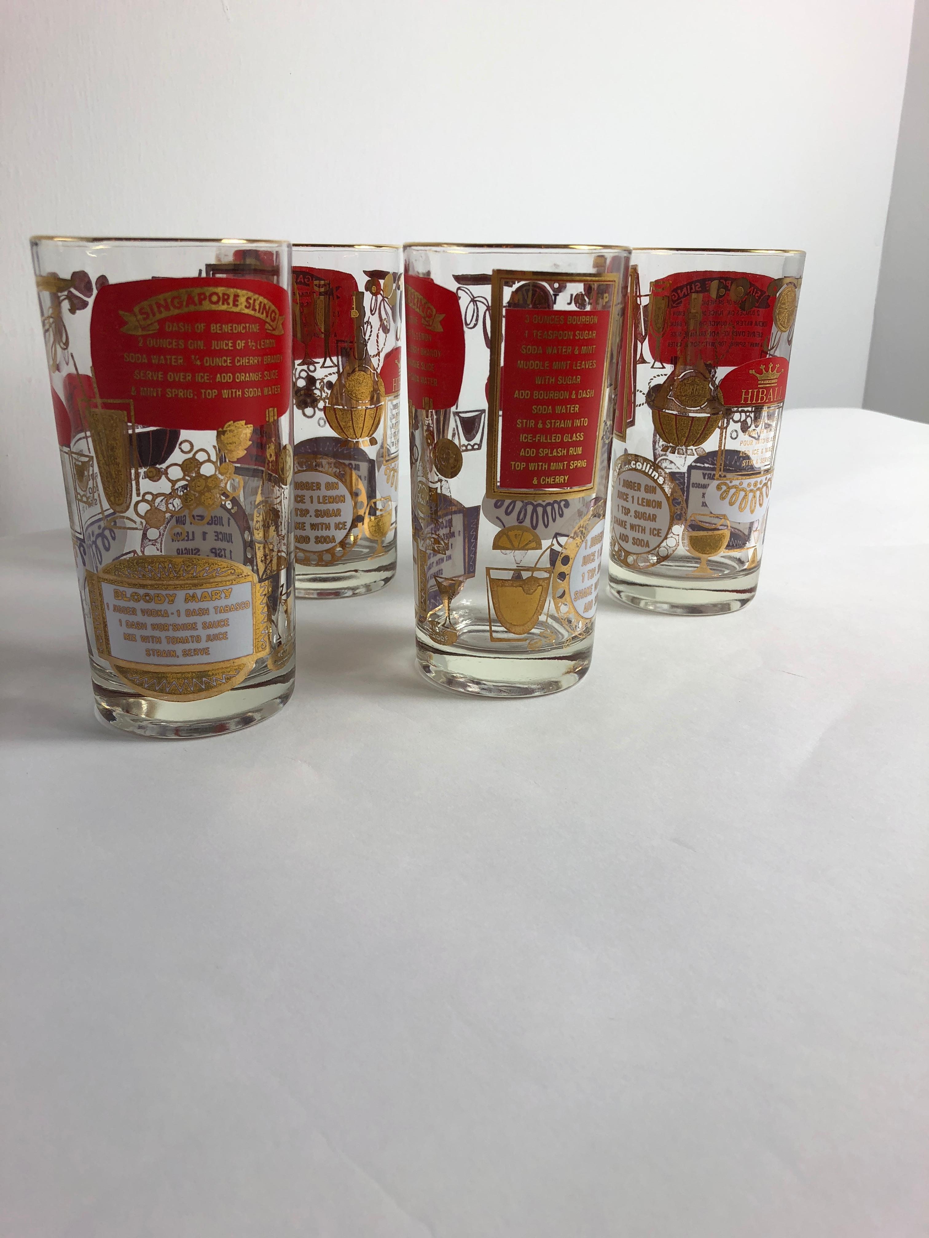 American S/4 Mid-Century Modern Red & Gold Accents Drinks Recipes Motif Cocktail Glasses