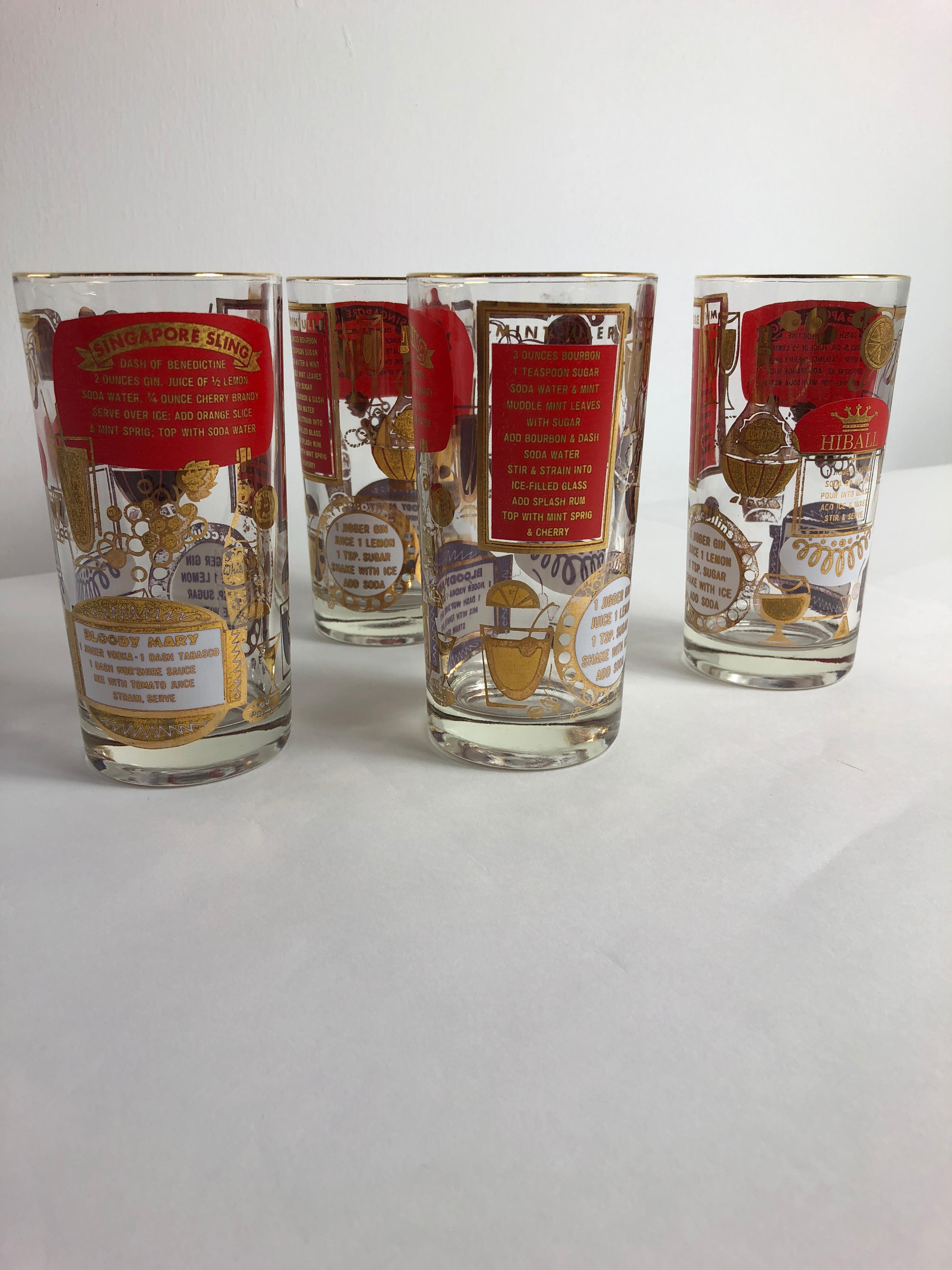 Gilt S/4 Mid-Century Modern Red & Gold Accents Drinks Recipes Motif Cocktail Glasses